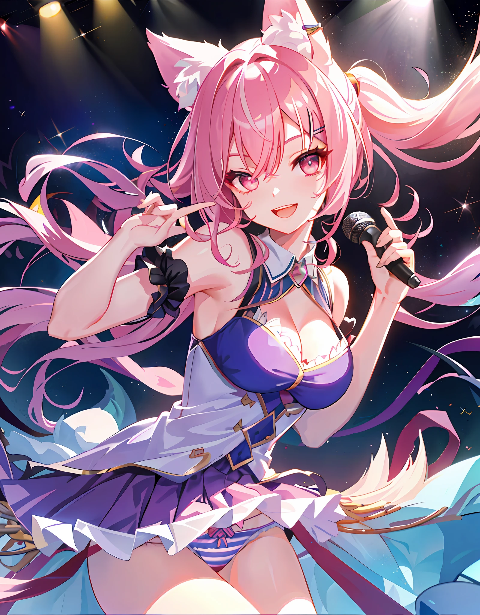 Dynamic Angle, Upper Body, 1 Girl, Smile, Wolf Ears, Wolf Tail, Pink Eyes, Hair Between Eyes, (((Wink)))), D Cup, Cleavage, Striped Hair, Long Hair of Random Color: 1, Ultra-Detailed Gradient Hair, Noble, Ruffled Dress, Jewelry, Backstage, Best Stage, Professional Stage, ((Holding the microphone with your left hand and singing emotionally, Best smile))), Singer, Vocalist: 1, Idol, Diva, Professional Stage, Professional Lighting, Live Lighting, Distract the Gaze, Fan Service: 1, Love & Peace, Satellite view from the audience, (((Panchira, cute panties))))
