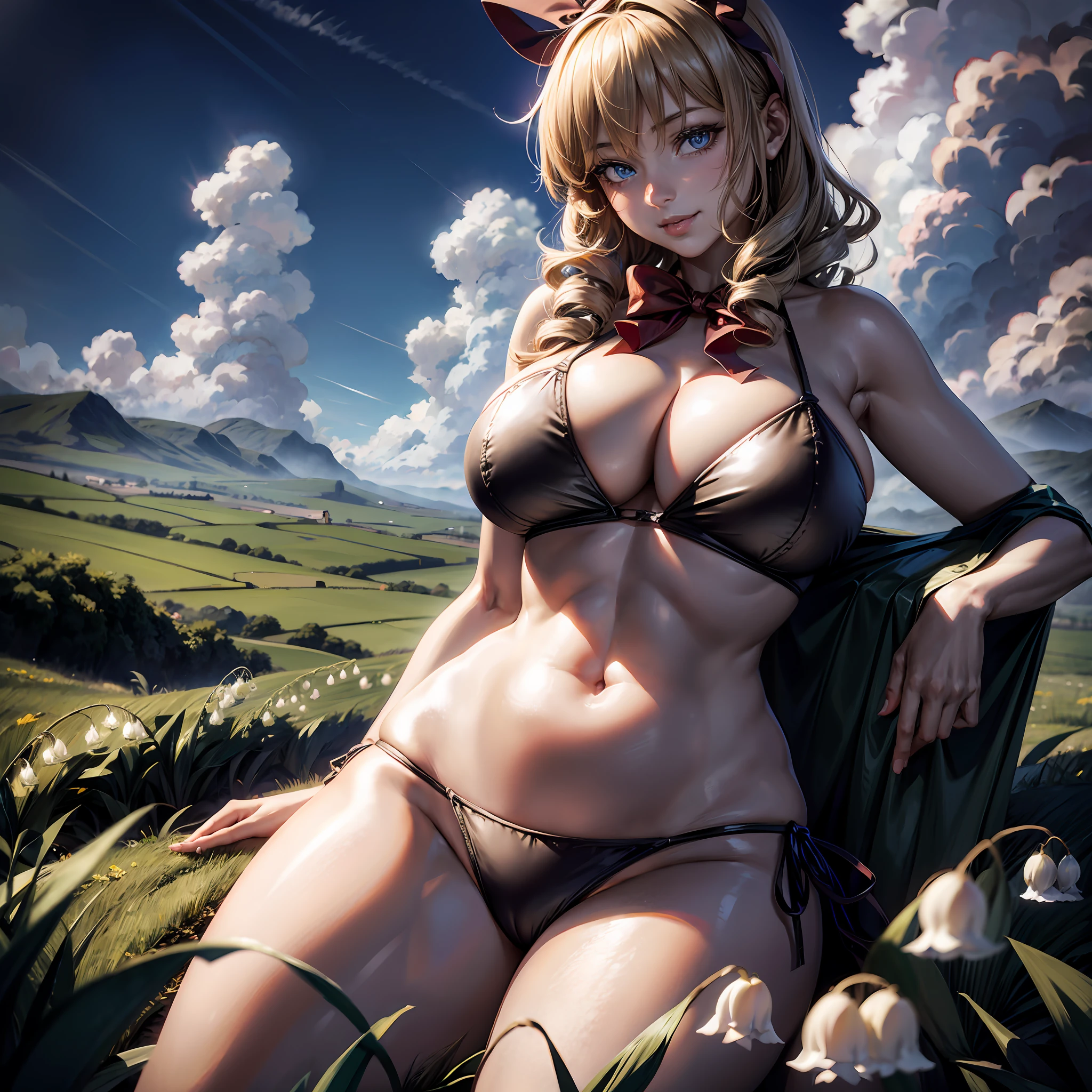 1girl, huge breasts, cleavage, plump, huge ass, thick thighs, Best quality, masterpiece, ultra high res, (photorealistic:1.4), raw photo, Medicine Melancholy, bikini, huge breasts, wide hips, thick thighs, blonde hair, short hair, curly hair, silver-blue eyes, seductive smile, looking at viewer, voluptuos, red bow, hair bow, (bikini only:1), 1girl, flower field, clouds, blue sky, ((lily-of-the-valley, meadow)), Nameless hill, outside, sunlight, cumulus clouds,