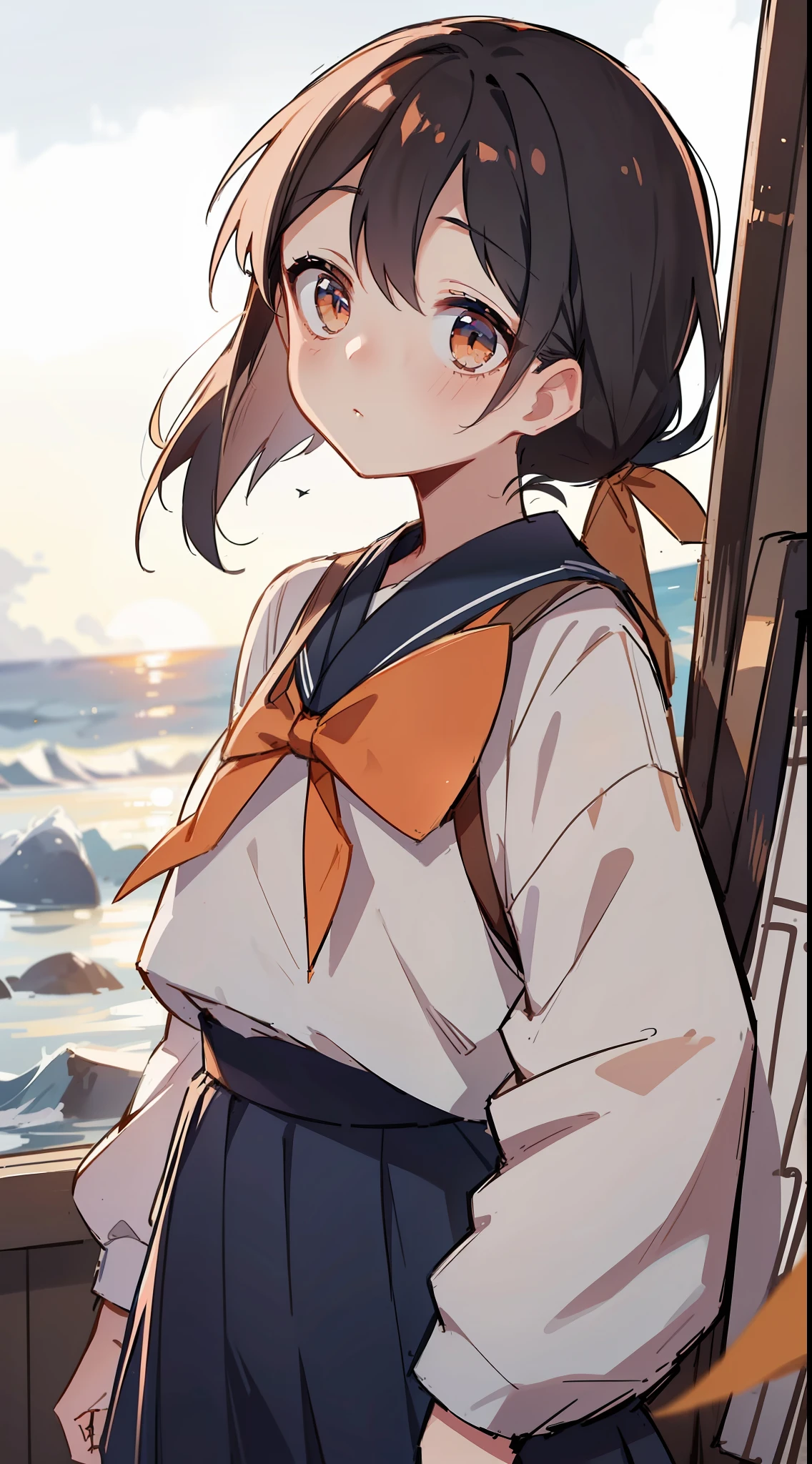 1 girl, standing back to the viewer, facing at the sky, orange blue sky, perfect sky condition, kimi no nawa sky, sunset sky, detailed japanese high school uniform, detailed sky, stars in thr sky, ocean, 8k, medium sized boobs, high school girl