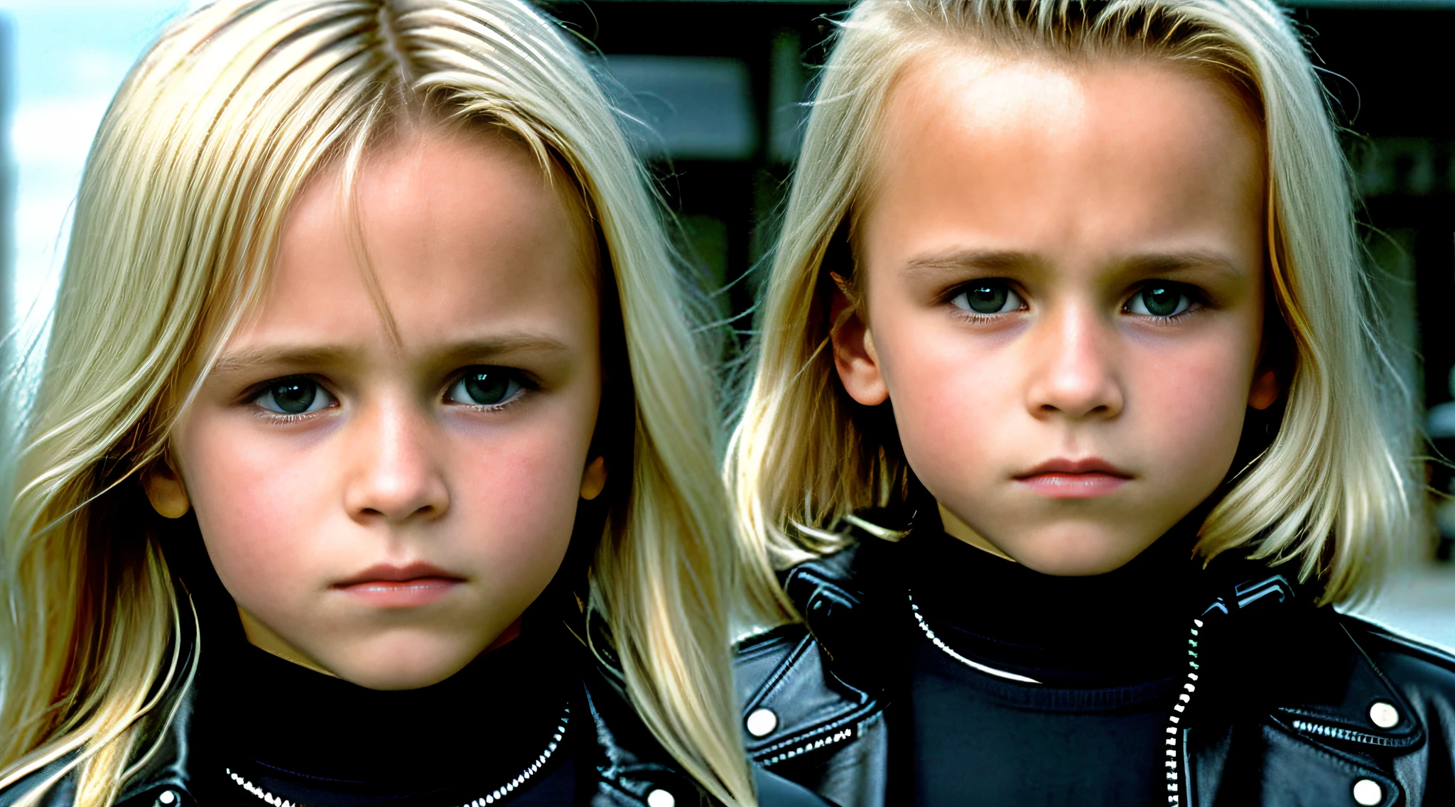 BOY . RUSSIAN CHILD, LONG BLONDE HAIR, CLOSE UP,a leather jacket, still from the movie Terminator, Terminator 2, Terminator 2, Terminator 2, Terminator, Terminator T 8 0 0, The Terminator, T-800, T - 8 0 0, The Terminator ( 1 9 8 4 ), as Terminator, Portrait of the Terminator,