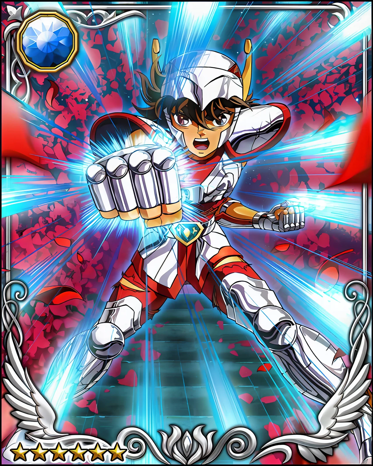 Saint Seiya, covered with full metal armor, Aki no Shinbo, [Tarot] !!!!!, covered with full silver armor, Yuya Nagai, full card design, inspired by Yuichi Takahashi, wearing opal armor, Unreal Engine rendering Saint Seiya