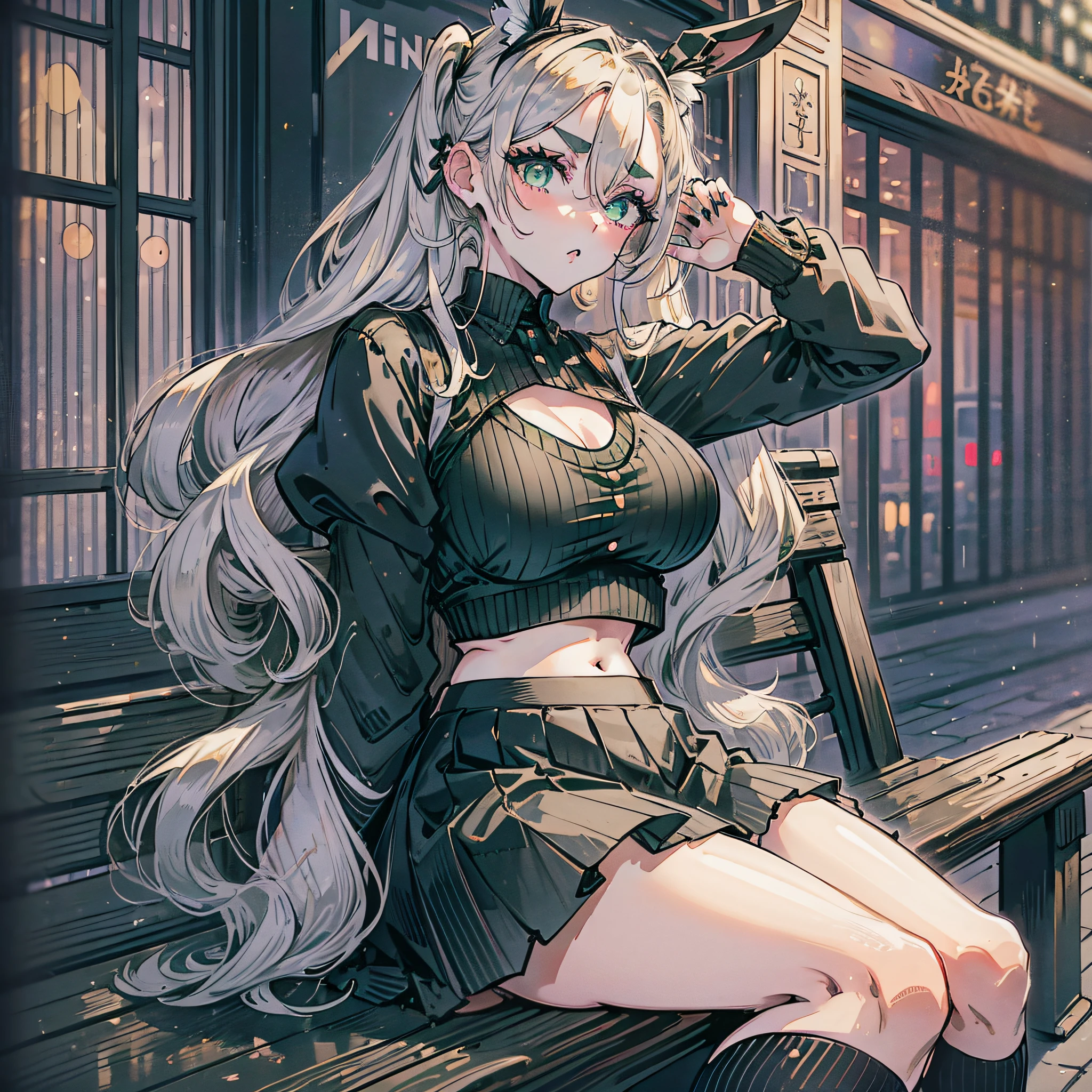 masterpiece, best quality, 1girl, solo, bunny ears, eyebrows, green eyes, white long hair, hair over one eye, twintails, large breasts, black nails, night, park, sitting on bench, feet, socks, skirt, crop top, black bra --auto --s2