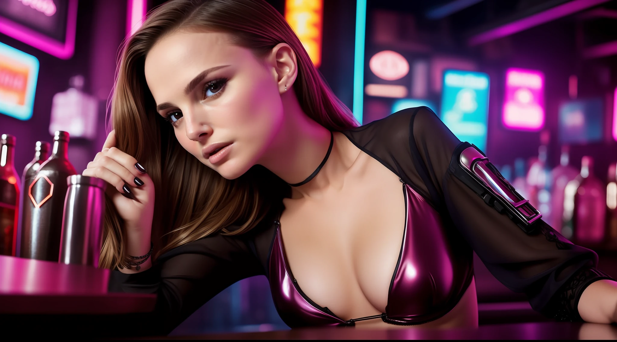 award-winning photo from waist up, 1girl, Natalie Portman, very beautiful, small breasts, perfect hands, beautiful detailed eyes, perfect face, sexy cyberpunk blouse, supermodel pose, cyberpunk bar environment