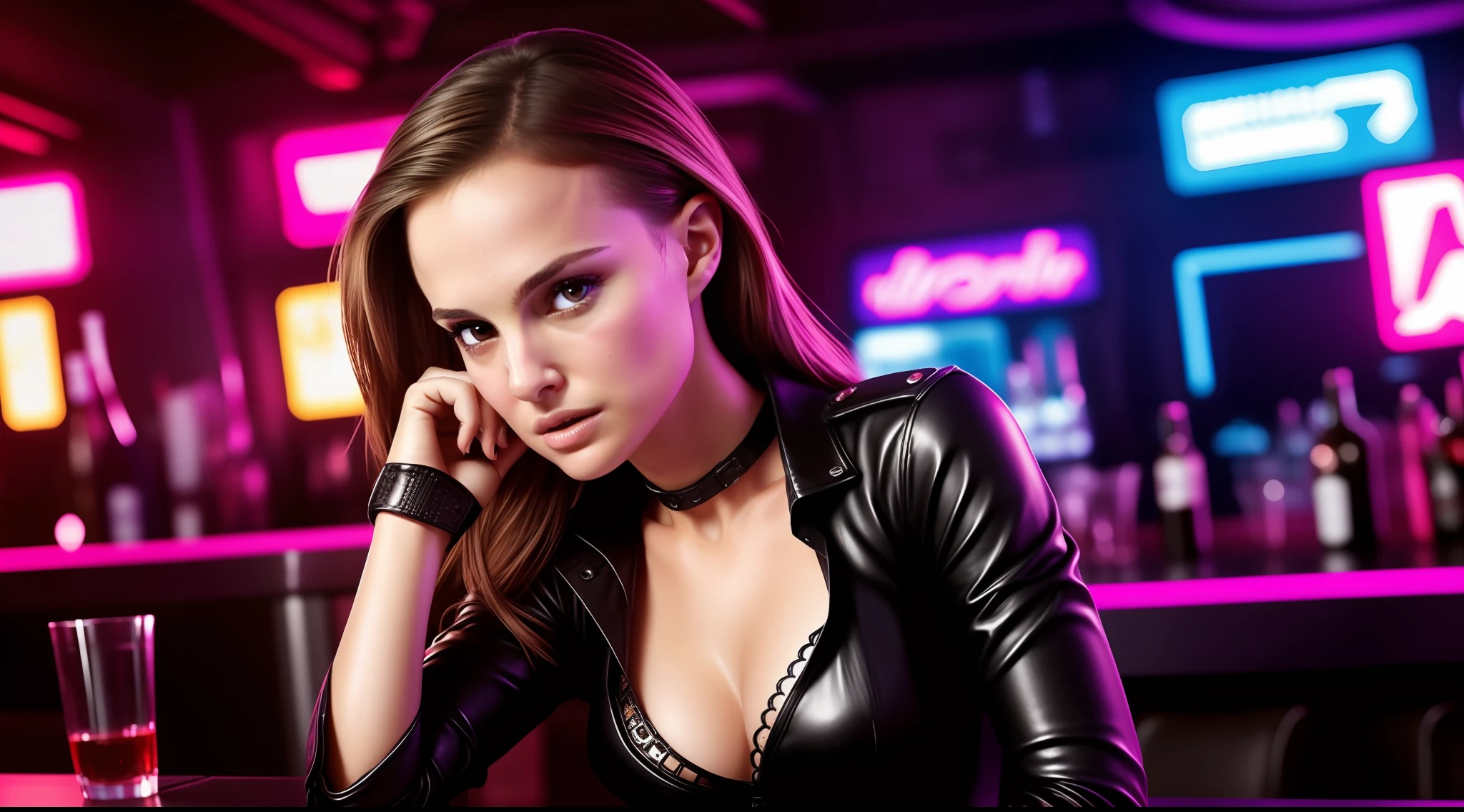 award-winning photo from waist up, 1girl, Natalie Portman, very beautiful, small breasts, perfect hands, beautiful detailed eyes, perfect face, sexy cyberpunk blouse, supermodel pose, cyberpunk bar environment