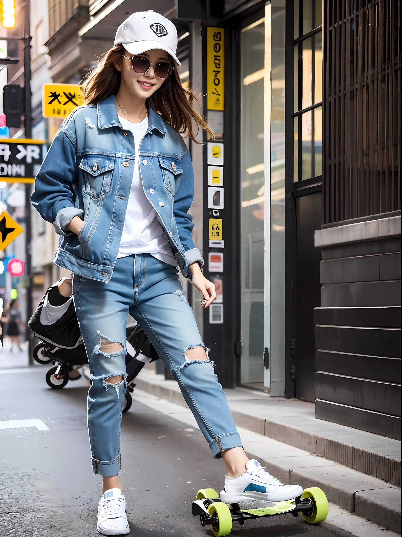 In the photo, a lively and adorable older sister is confidently riding an electric skateboard down the streets of the city. She is wearing a simple denim jacket and loose khaki trousers, showcasing her personality and casual style. On her feet are a pair of comfortable and durable sports shoes, making her movements appear more agile and smooth. Topping off the ensemble is a baseball cap and trendy sunglasses, adding a touch of brightness to the entire outfit.
