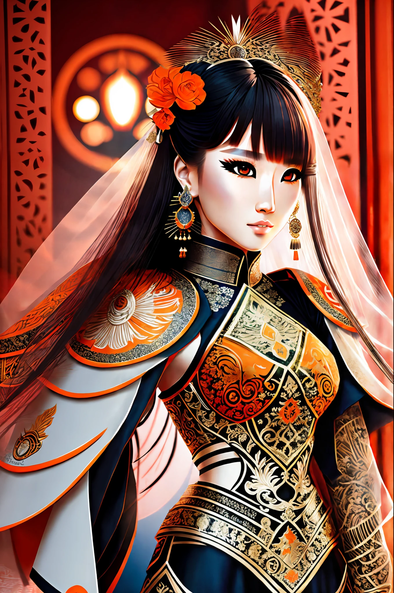 Asian woman, orange light eyes, warrior, swordswoman, wedding dress