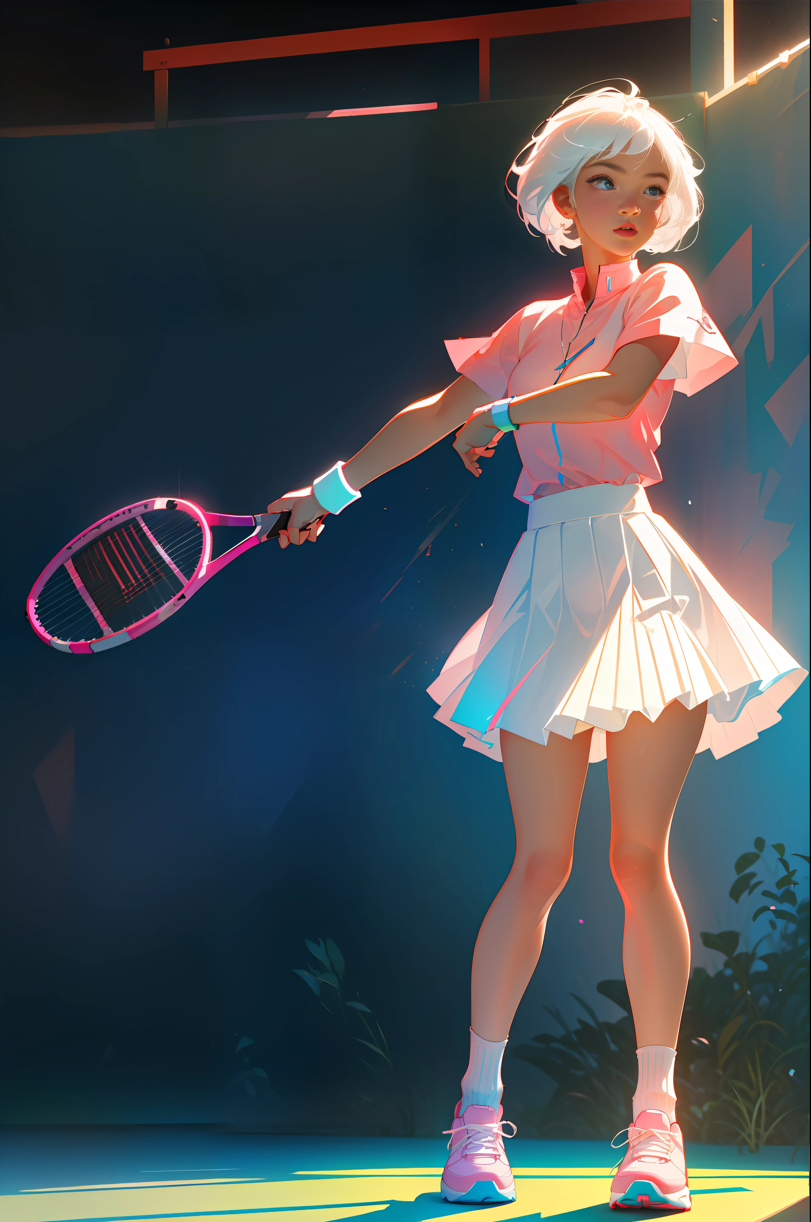 Highest quality, perfect masterpiece, perfect art, 8K, (young and energetic girl, tennis, wearing pink-blue-red color-block sneakers, urban tennis style dressing, top is clean babes white T-shirt, light blue pleated skirt, socks with white as the main color pink stripes, with tennis rackets, the environment is a tennis court; The weather is clear and cloudy; The overall color tone is bright; thick coating style; , delicate face, white hair girl, (white hair: 1.3), medium and short hair, (black background: 1.3), pearl illusion, cyberpunk, fashion trends, 3s material, HD, detail performance, c4d, 3D, octane rendering, ray tracing, complex details, animated lighting, OCrenderer, 8k,
