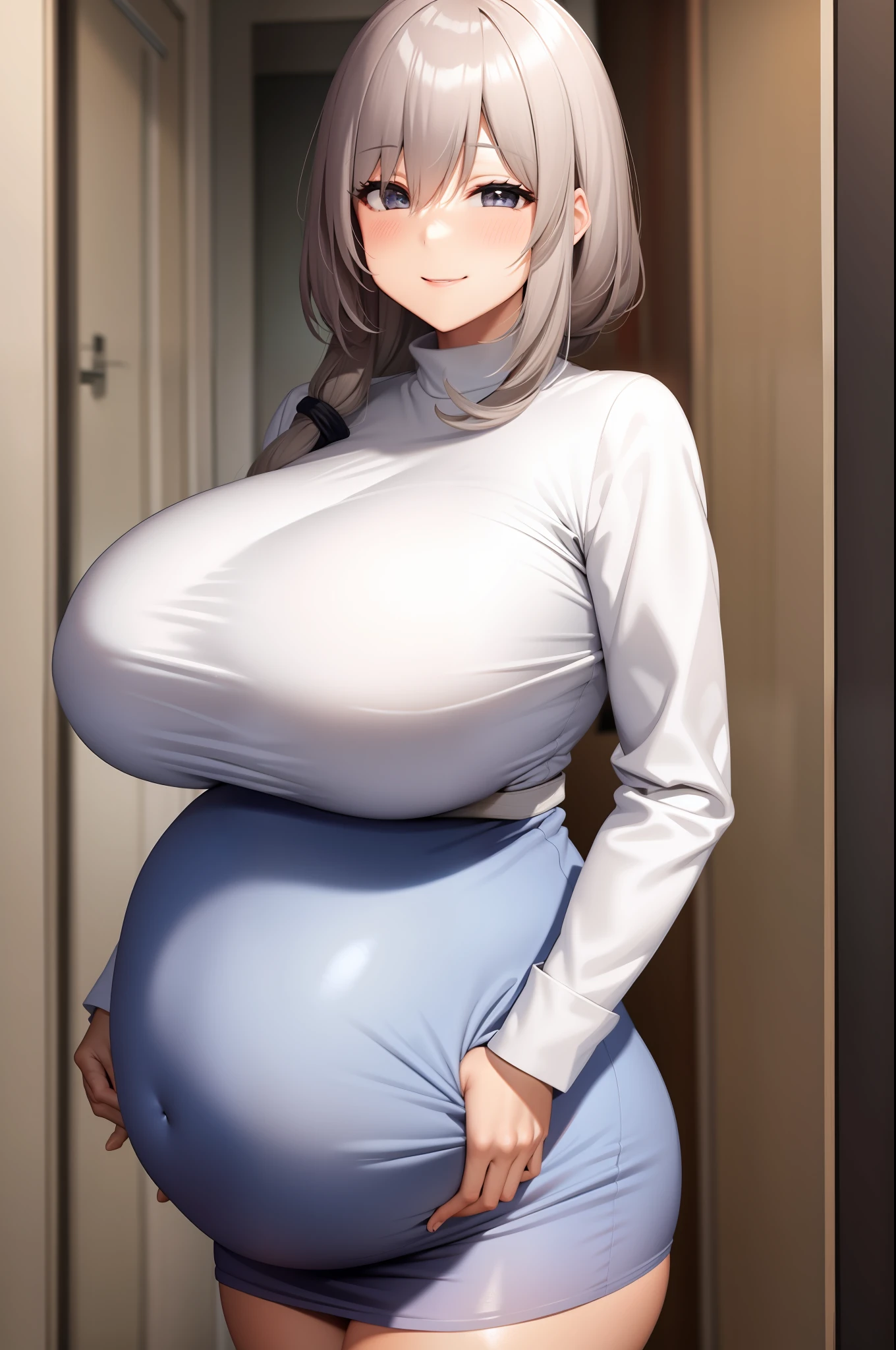 1 girl,solo,(uzakitsuki:1.1),white long sleeve,smile,, huge breasts, pregnant