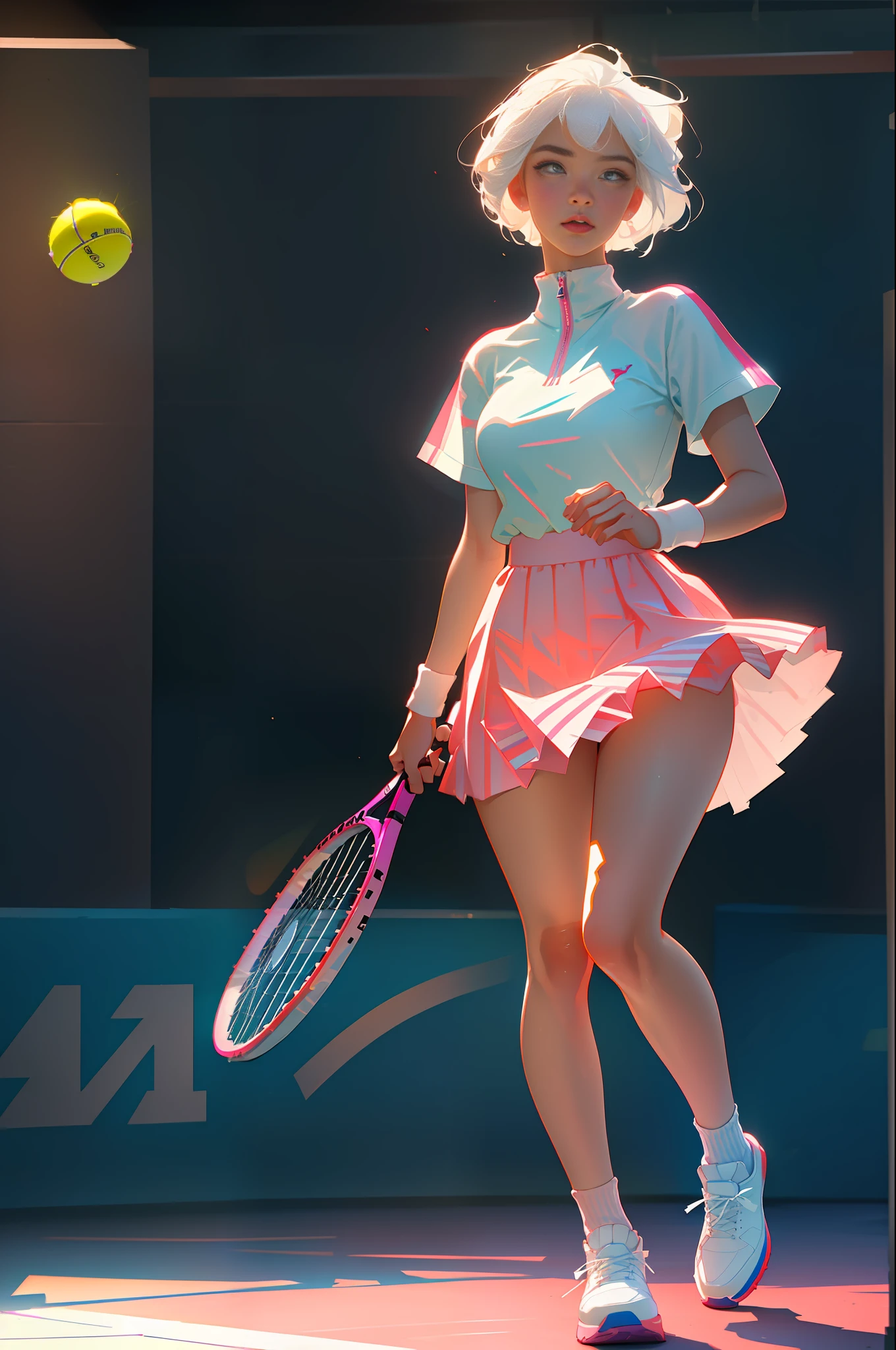 Highest quality, perfect masterpiece, perfect art, 8K, (young and energetic girl, tennis, wearing pink-blue-red color-block sneakers, urban tennis style dressing, top is clean babes white T-shirt, light blue pleated skirt, socks with white as the main color pink stripes, with tennis rackets, the environment is a tennis court; The weather is clear and cloudy; The overall color tone is bright; thick coating style; , delicate face, white hair girl, (white hair: 1.3), medium and short hair, (black background: 1.3), pearl illusion, cyberpunk, fashion trends, 3s material, HD, detail performance, c4d, 3D, octane rendering, ray tracing, complex details, animated lighting, OCrenderer, 8k,
