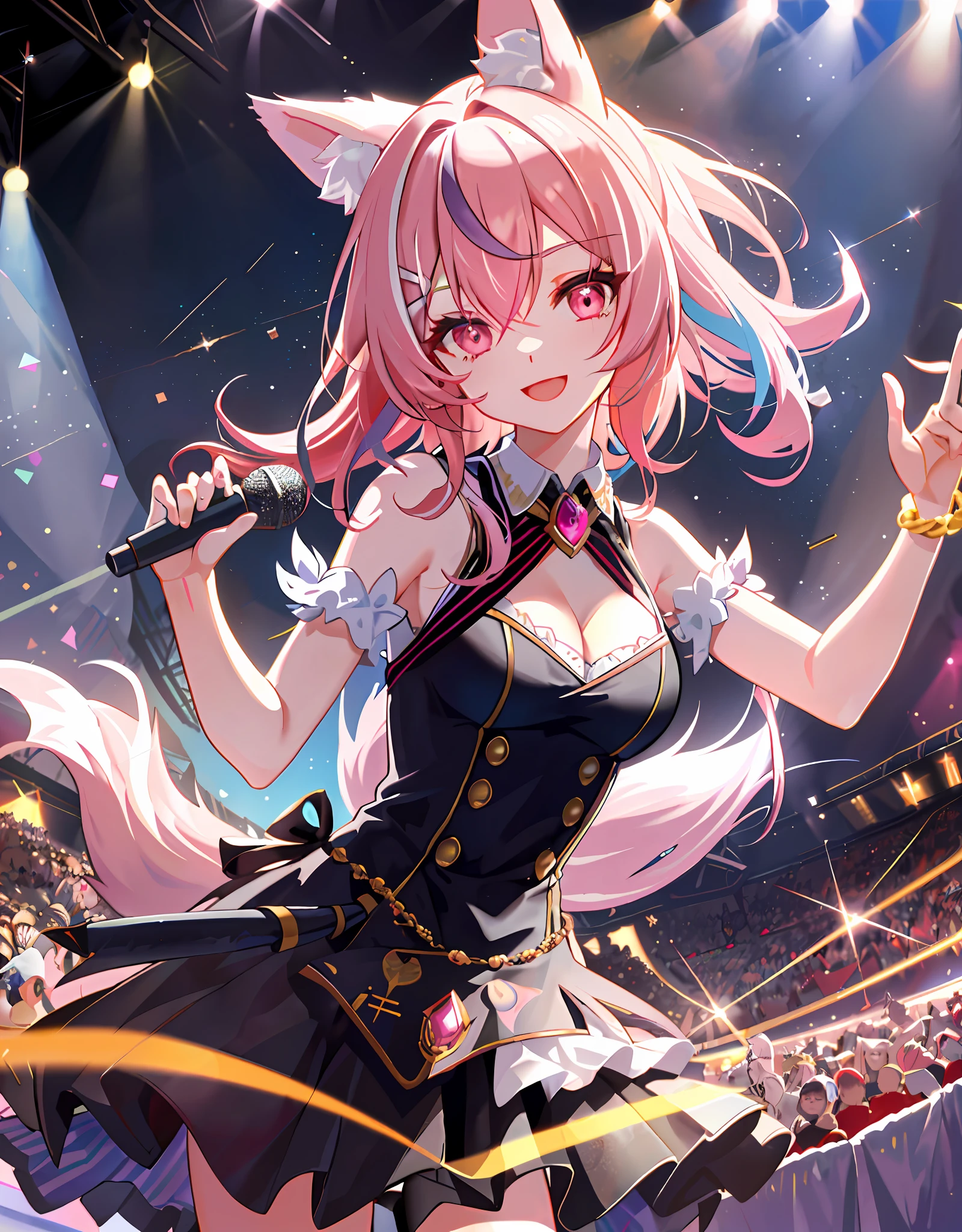 Dynamic Angle, Upper Body, One Girl, Smile, Wolf Ears, Wolf Tail, Pink Eyes, Hair Between Eyes, ((Wink))), D Cup, Cleavage, Striped Hair, ((Colorful hair color: 2)))), Long hair: 1, Ultra-detailed gradient hair, Noble, Ruffled dress, Jewels, Backstage, Best Stage, Professional Stage, ( Holding the microphone with your left hand and singing emotionally, overflowing emotions, the best smile))), singer, vocalist: 1, idol, diva, professional stage, professional lighting, live lighting, distracting, fan service: 1, ((((satellite photo seen from the audience)))), panchira, cute panties