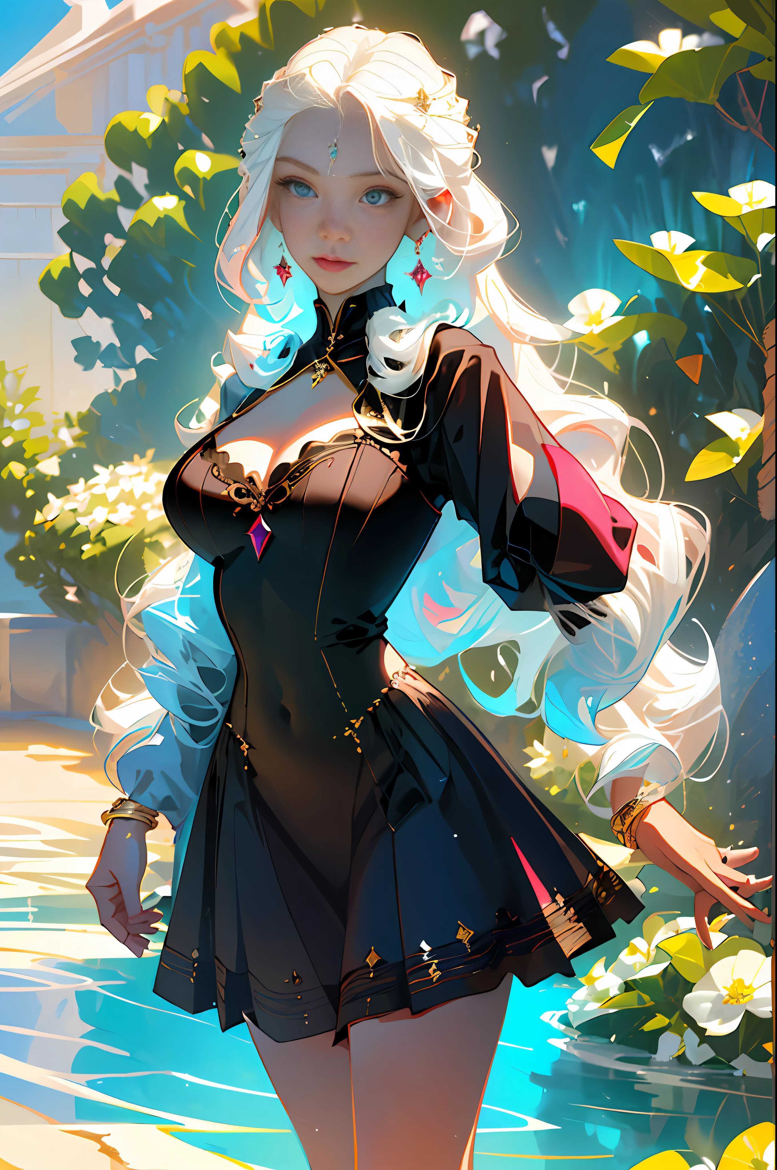 (best quality, masterpiece), 1girl, curly hair, wavy hair, wide smile, bikini, ocean, in water, wet, sun, long hair, wind, (((multicolored hair, [white hair]))), ultra realistic 8k CG, perfect face, flawless, clean, masterpiece, professional artwork, famous art, cinematic lighting, cinematic flower, perfect face, beautiful face, beautiful eyes, (((perfect female body, narrow waist))), beautiful, royal queen,  divine, goddess, goddess, (royal palace), fantasy, dreamlike, unreal, science fiction, (huge breasts), beautiful clothes, lace, lace trim, lace legwear, nsfw, breasts out, absurdly long hair, very long hair, (rich: 1.4), prestige, luxury, jewelry, diamond, gold, pearl, gem, sapphire, ruby, emerald, intricate detail, delicate pattern, sexy, charming, seductive, seductive, erotic, charming, hair ornament, necklace,  earrings, bracelet, armband, looking at the viewer,