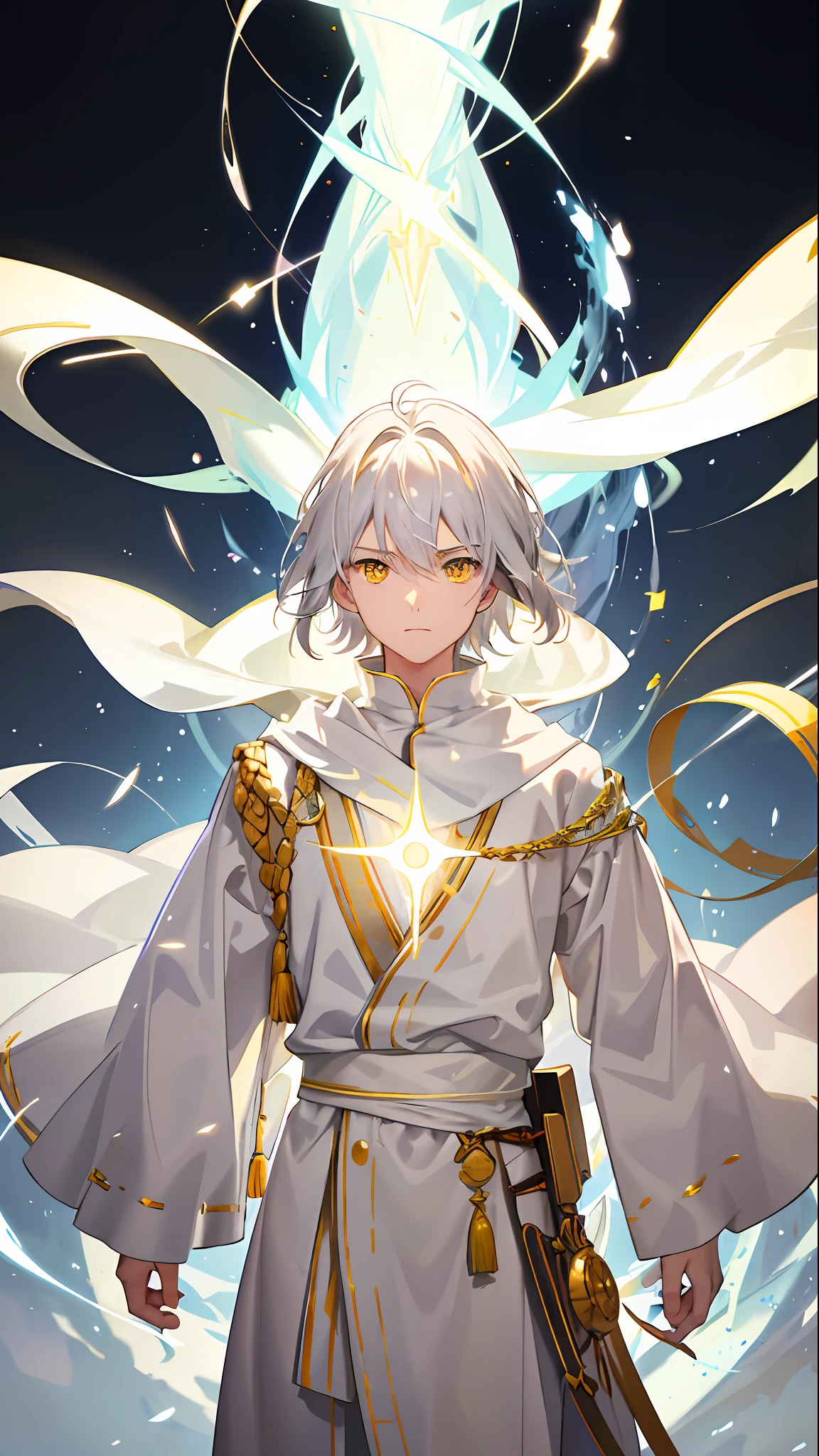 Boy, wearing white robe, glowing yellow eyes, looking down, shining light in back ground, floating,