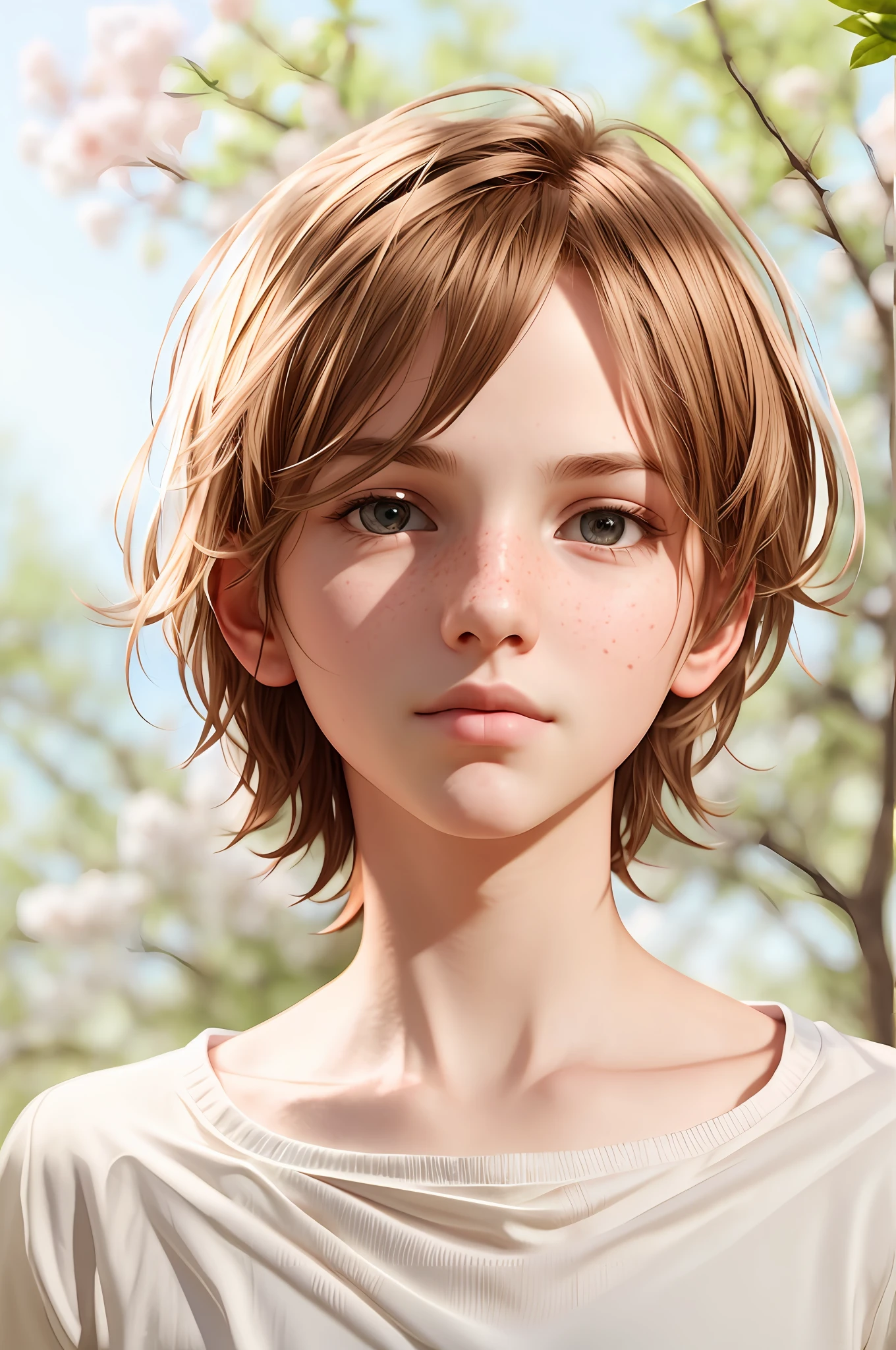 Portrait of a boy, hyper-realistic 3D render with highly detailed features and a realistic skin texture, set against a complex spring-themed background with soft colors