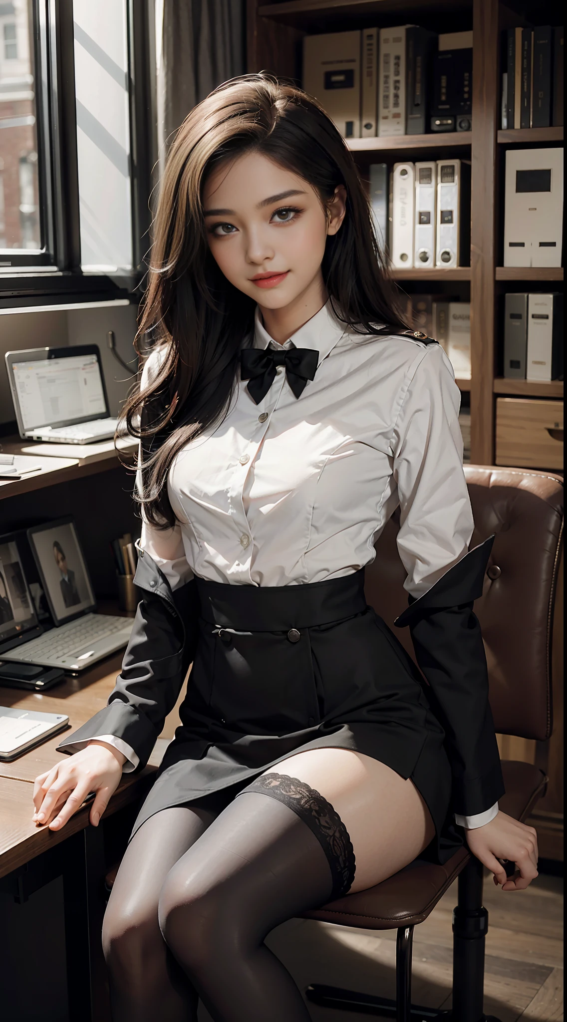 Best Quality, Full Body Portrait, Cinematic Texture Shot, Exquisite Face, Beautiful Face, 20 Year Old Woman, Smiling, Slim Figure, Small Bust, OL Uniform, Office Wear, Black Stockings, Interior Scene, Office, Seated
