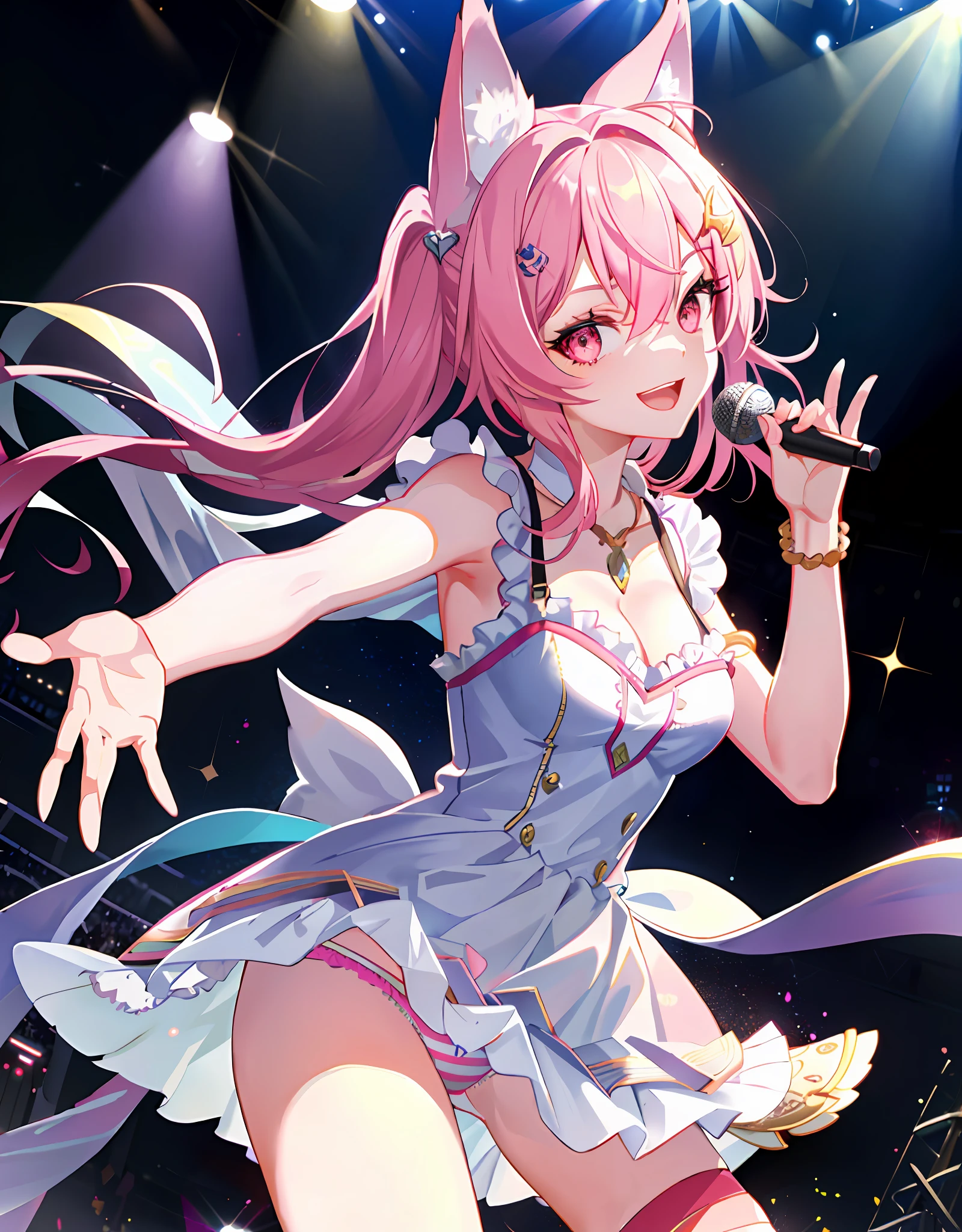 Dynamic Angle, Upper Body, 1 Girl, Smile, Wolf Ears, Wolf Tail, Pink Eyes, Hair Between Eyes, (((Wink)))), D Cup, Cleavage, Striped Hair, Long Hair of Random Color: 1, Ultra-Detailed Gradient Hair, Noble, Ruffled Dress, Jewelry, Backstage, Best Stage, Professional Stage, ((Holding the microphone with your left hand and singing emotionally, Best smile))), Singer, Vocalist: 1, Idol, Diva, Professional Stage, Professional Lighting, Live Lighting, Distract the Gaze, Fan Service: 1, Love & Peace, Satellite view from the audience, (((Panchira, cute panties))))