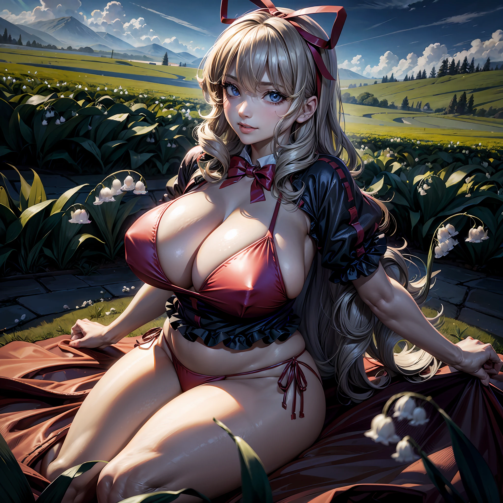 1girl, huge breasts, cleavage, plump, huge ass, thick thighs, Best quality, masterpiece, ultra high res, (photorealistic:1.4), raw photo, Medicine Melancholy, bikini, huge breasts, wide hips, thick thighs, blonde hair, short hair, wavy hair, silver-blue eyes, seductive smile, looking at viewer, voluptuos, red bow, hair bow, (bikini only:1), 1girl, flower field, clouds, blue sky, ((lily-of-the-valley, meadow)), Nameless hill, outside, sunlight, cumulus clouds, mature female,