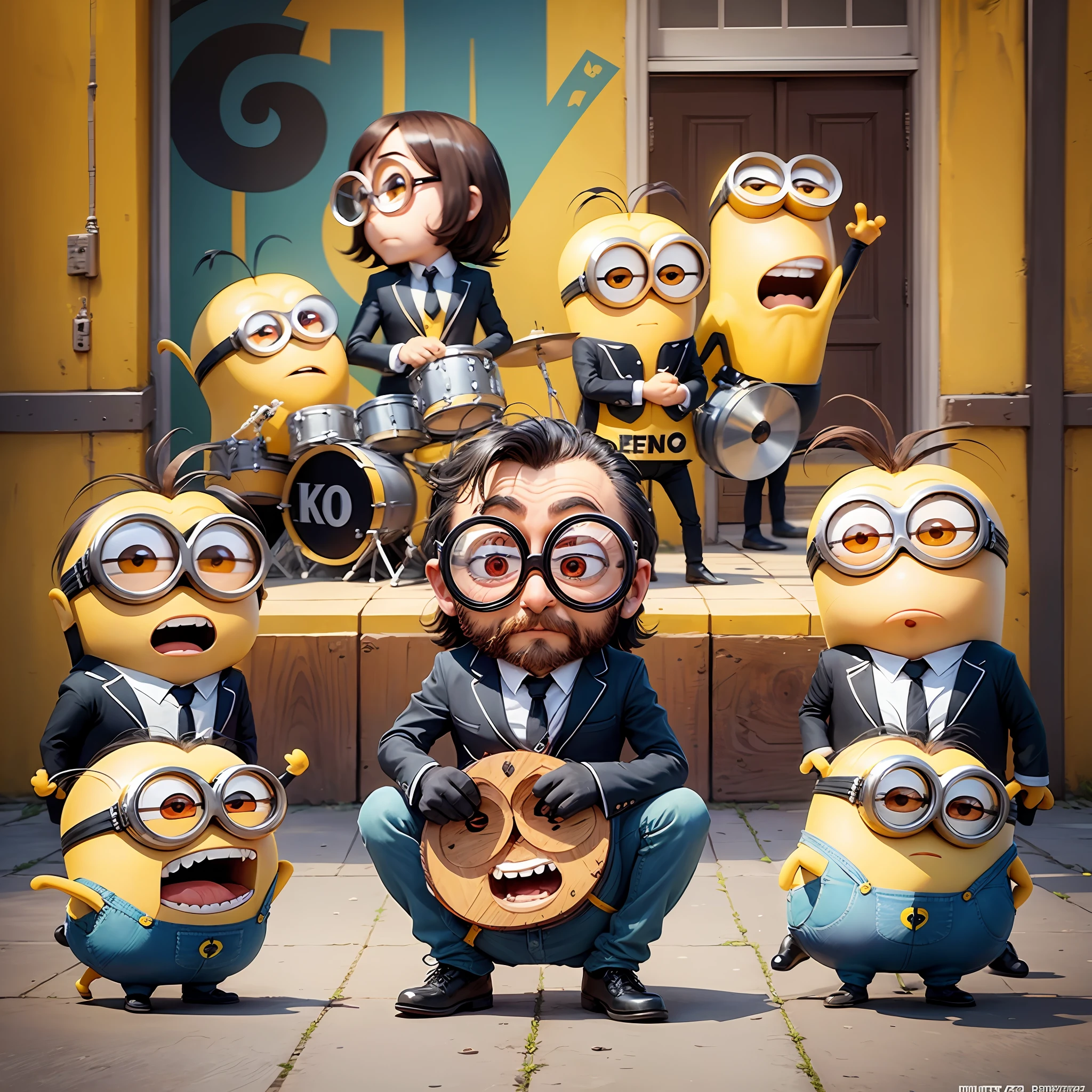 amazing image of the Beatles with Minions appearance, with high quality and fidelity to both the look of the group and the yellow characters. How would you handle the challenge of turning the famous members of the Beatles into Minions characters, ensuring that each of them was easily recognized in the final image? Discuss how you would choose the poses and facial expressions to highlight each member's personality while maintaining the iconic look of the Minions. How would you handle technical issues, such as color, texture, and shadow, to ensure that the final image was cohesive and appealing? Finally, explain how you would deliver the finished image in high quality, ready to be used on T-shirts, posters, and other promotional materials. How would you make sure the image was aligned with the Minions' tone and visual style, while staying true to the Beatles' brand? --auto --s2