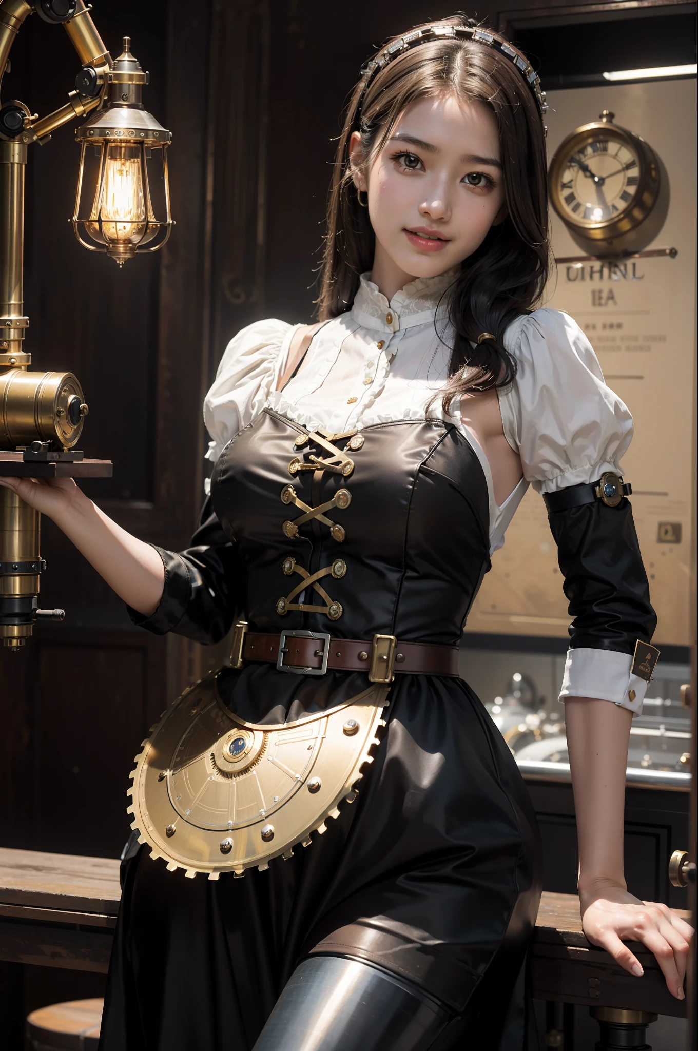 Best Quality, Masterpiece, Ultra High Resolution, Steampunk, Bronze City, Robotic Arm, Heavy Machinery, Steam Engine, Classical British Style, 1girl, beautiful girl, Tifa, Asian face, British costume, maid outfit, cute little decoration, monocle, alchemist, smile, upper teeth,