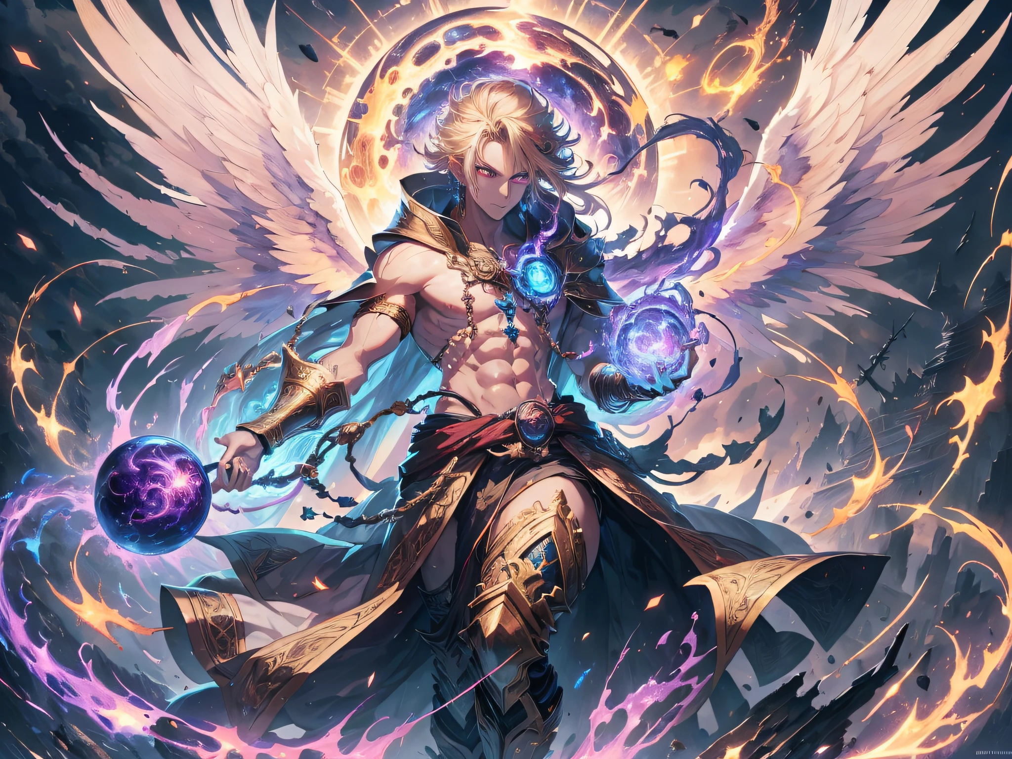 (absurd, high resolution, hyper-detailed, HDR), masterpiece, best quality, a boy in a white robe with a sickle, giant sickle, break, solo, long hair, blonde, red eyes, glowing eyes, fine eyes and detailed face, tall and muscular, bare chest muscles, earrings and accessories, six pairs of angel wings, archangel, full body, heavenly background, fantasy, celestial body, dramatic sky, glowing , blooming, swirl, spark, thunderbolt, magic vortex, ray, golden aura, battle stance, Behind the Dharma