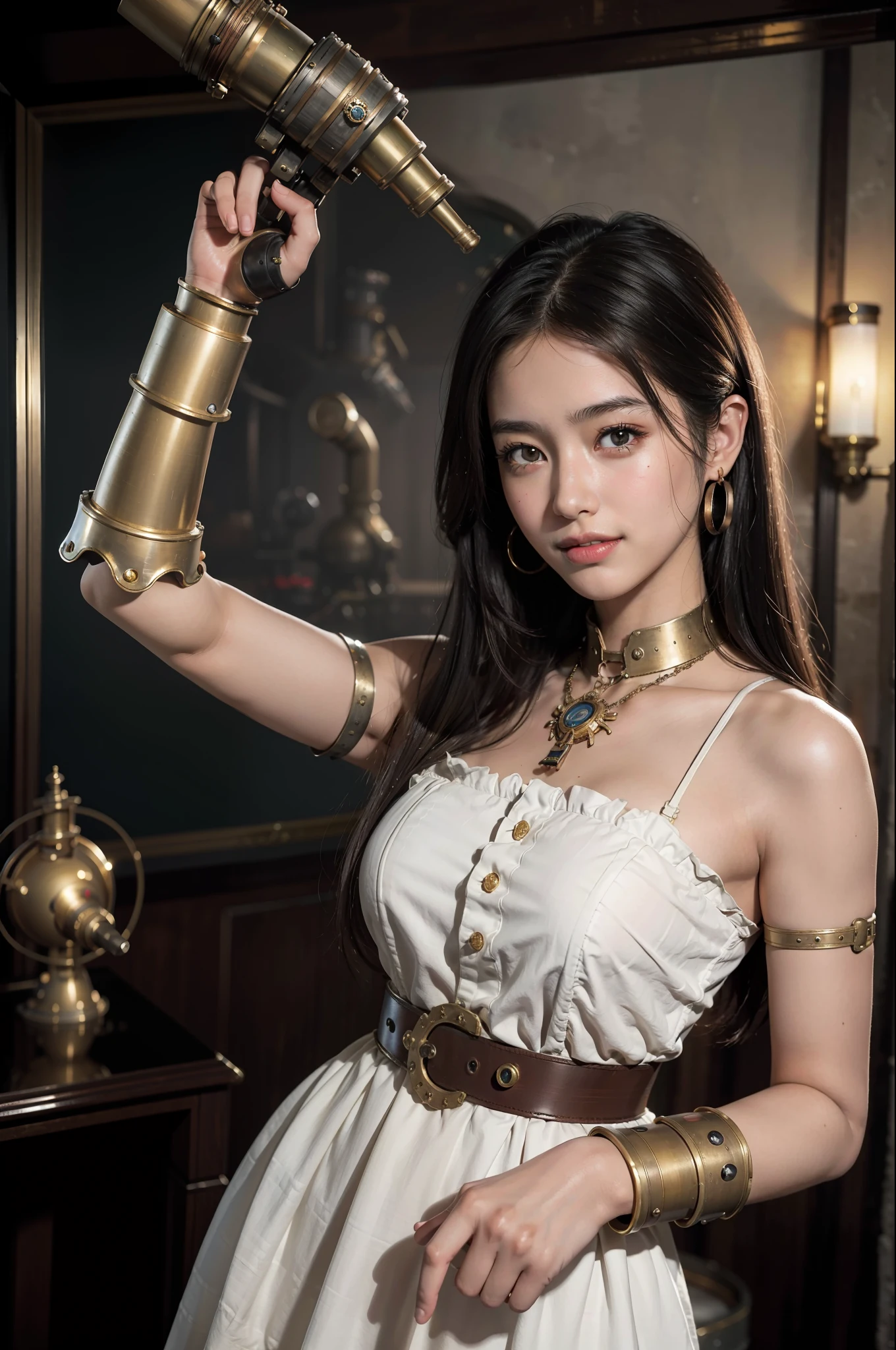 Best Quality, Masterpiece, Ultra High Resolution, Steampunk, Bronze City, Robotic Arm, Heavy Machinery, Steam Engine, Classical British Style, 1girl, beautiful girl, Tifa, Asian face, British costume, maid outfit, cute little decoration, monocle, alchemist, smile, upper teeth,