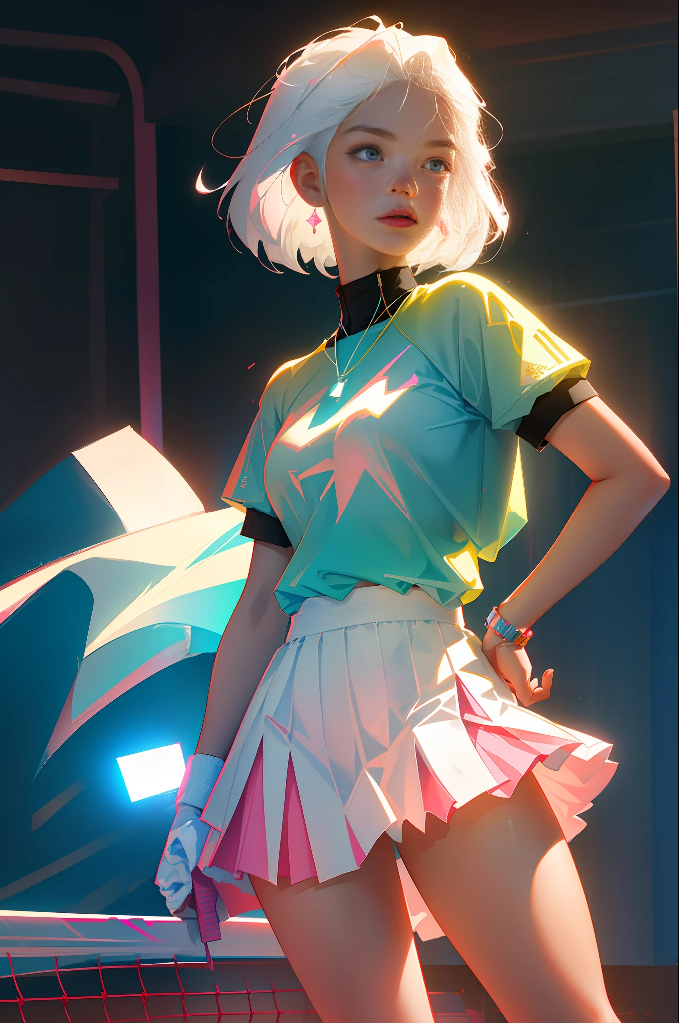 Highest quality, perfect masterpiece, perfect art, 8K, (young and energetic girl, tennis, wearing pink-blue-red color-block sneakers, urban tennis style dressing, top is clean babes white T-shirt, light blue pleated skirt, socks with white as the main color pink stripes, with tennis rackets, the environment is a tennis court; The weather is clear and cloudy; The overall color tone is bright; thick coating style; , delicate face, white hair girl, (white hair: 1.3), medium and short hair, (black background: 1.3), pearl illusion, cyberpunk, fashion trends, 3s material, HD, detail performance, c4d, 3D, octane rendering, ray tracing, complex details, animated lighting, OCrenderer, 8k,