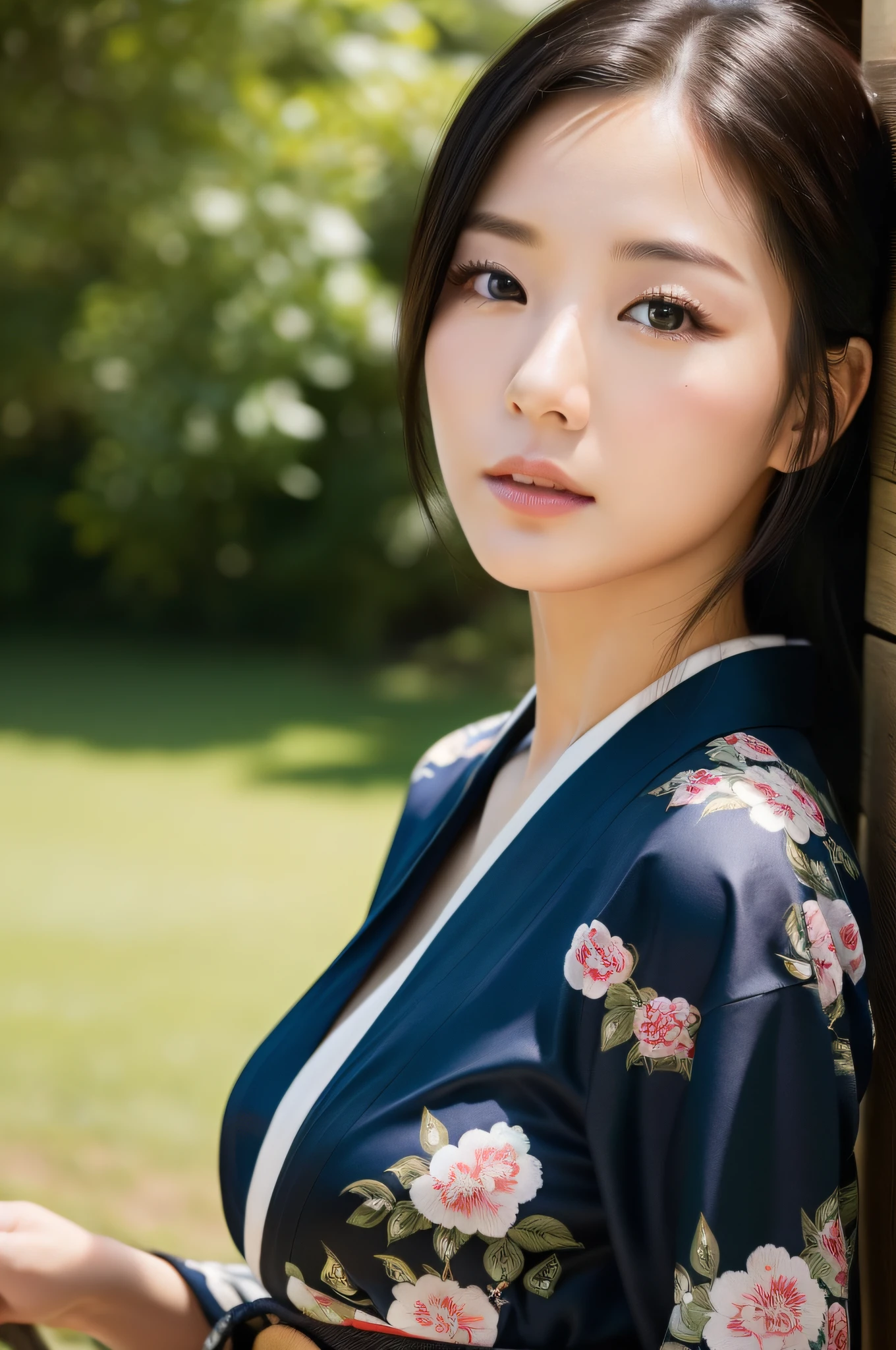 ((Top Quality, 8K, Masterpiece: 1.3)), Sharp Focus: 1.2, (Super Beautiful Face: 1.0), Realistic Photo, (Shiny Skin: 1.2), Realistic Photo, Black Hair, Realistic Pupil, Movie Lighting, Highly Detailed Eyes and Face, medium breasts, in nature, traditional kimono, cowboy shot, happy