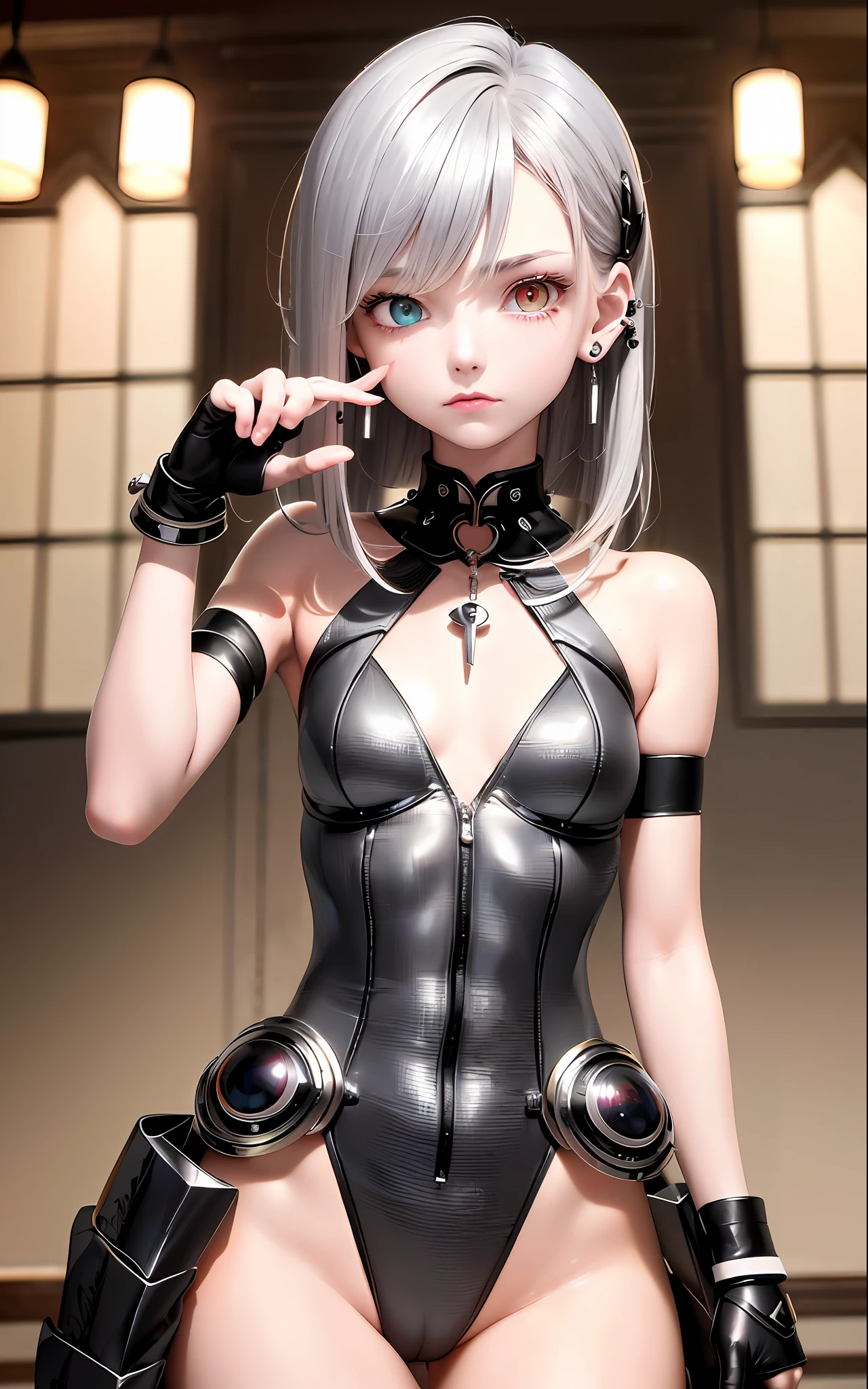 Best, Masterpiece, High Resolution, Best Quality, Ultra HD, Super Detail, Award-Awarded, 16k, (Upper Body), Beautiful Girl, Gray Hair, Hair Strands, ((Heterochromia)), Hanging Eye Corners, Fair Skin, (Small), (Slim Body), ((Protective Clothing)), Stud Earrings, (Neck Rings), (Short Glove with Four Fingers and One Thumb Best Proportion)