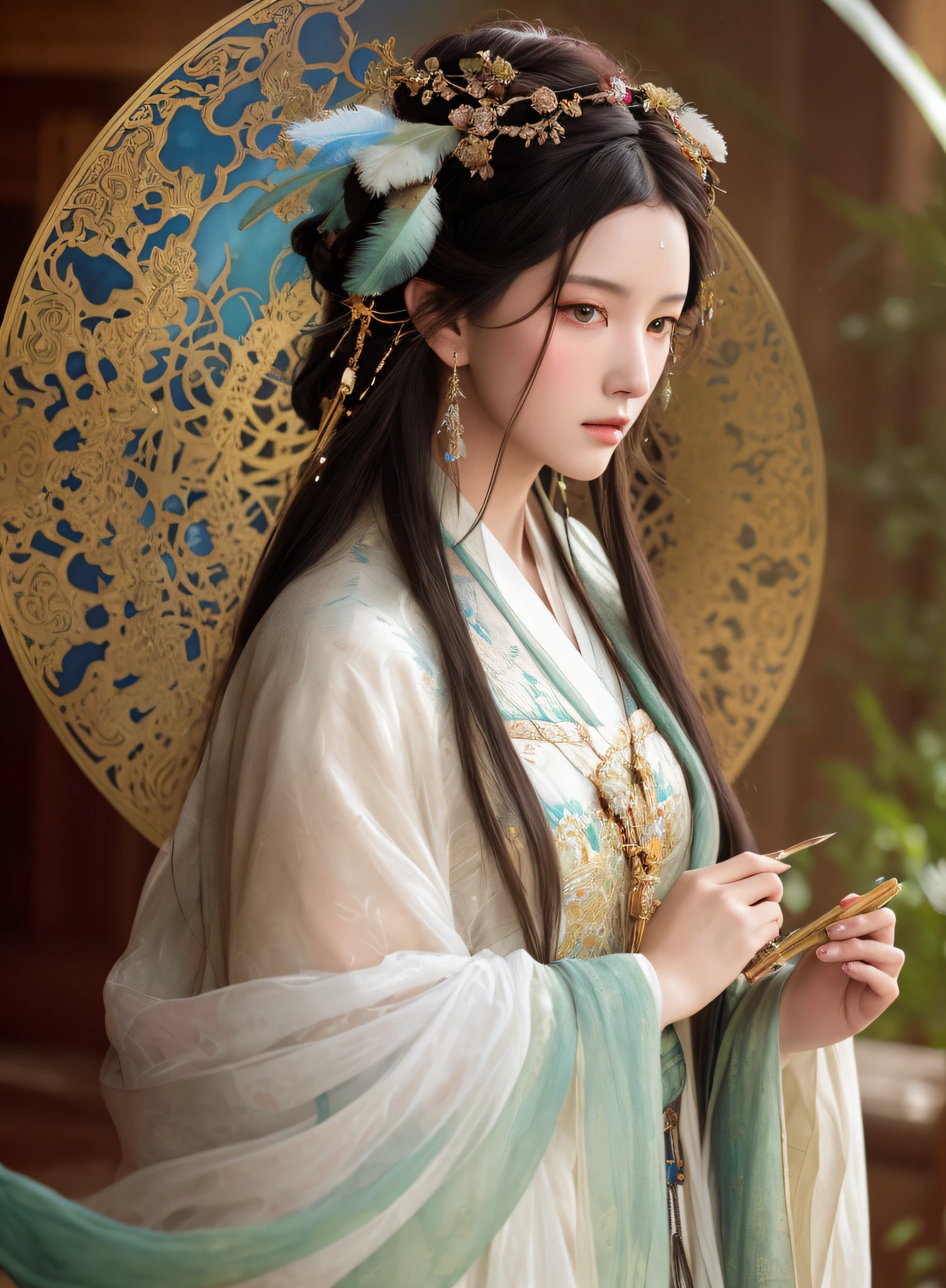 High quality, masterpiece, masterpiece, exquisite facial features, exquisite hair, exquisite eyes, exquisite colored hair, 4K quality, gorgeous light and shadow, Tyndall effect, halo, messy hair, young state, gorgeous scenes, fine clothes, chains, feathers,ancient chinese beauties with big eyes highly detailed, digital painting, artstation, concept art, sharp focus, illustration, art by greg rutkowski and alphonse mucha and victo ngai