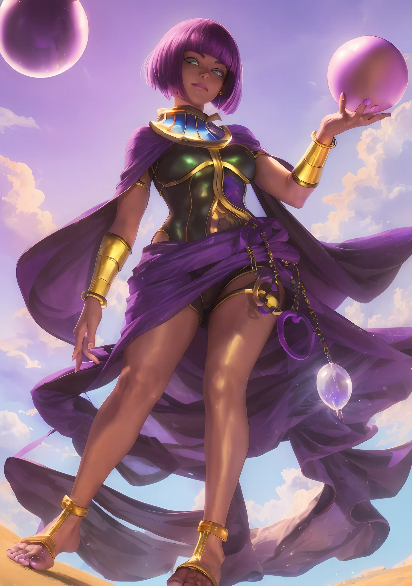 [Menat_(Street_Fighter)], [Uploaded to e621.net], ((masterpiece)), ((top down view)), ((solo portrait)), ((1girl)), ((beautiful anime woman)), ((semi-realistic)), ((raytracing)), ((detailed shading)), ((beautiful 3D art)), {Menat; (Brown skin, beautiful green eyes, short purple hair), (purple shawl, black bodysuit, black knee high toeless socks, beautiful legs, beautiful feet, gold wristbands, purple toenails, five toes), (Happy smirk)}, ((standing on sand; (holding crystal ball, looking at viewer), attractive pose)), [background; (beautiful desert oasis, sunny blue sky, clouds)]