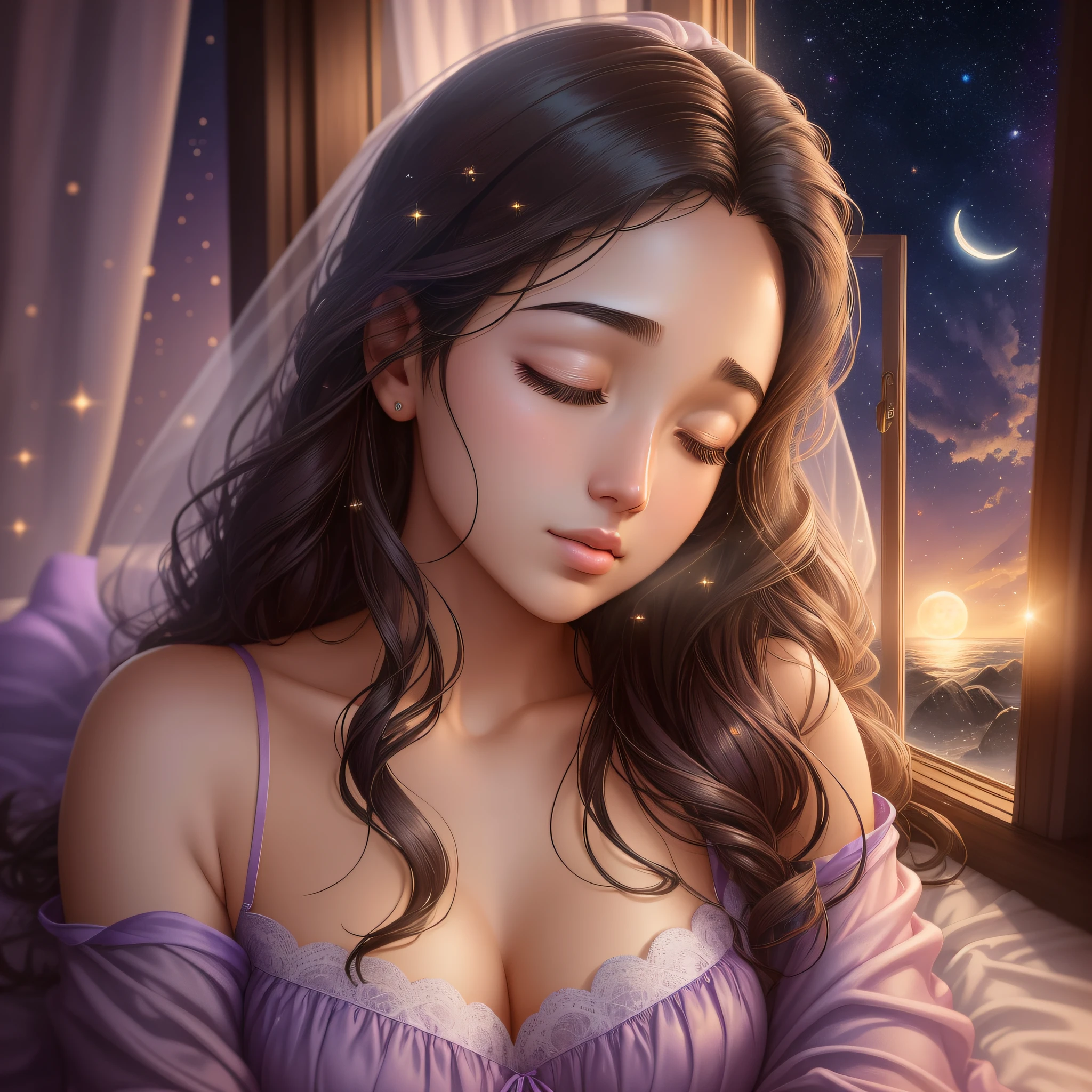 Close your eyes and imagine an ultra-realistic scene of a gorgeous face, similar to that of Gal Gadot, resting on a bed wearing a purple nightgown. The soft light of the moon and stars shines around her as she sleeps peacefully. Through the window, you can see a starry sky and a bright moon, creating an atmosphere of tranquility and serenity in the room. Breathe in deeply and let yourself be enveloped by the peace that this scene conveys." --auto --s2