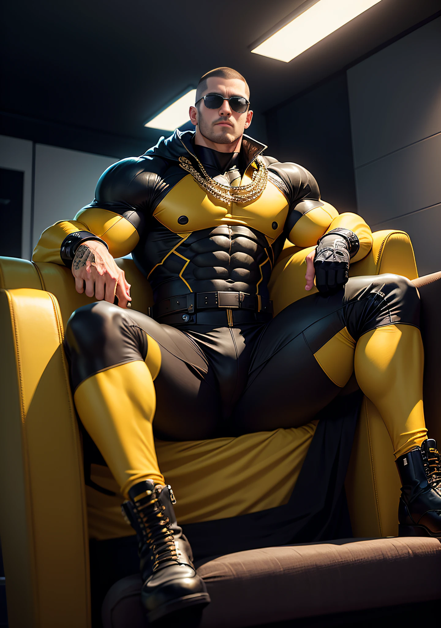 Allard man in yellow and black clothes sitting on a white and soft sofa, muscle hero, Buzz Cut, tall, burly, muscular! Wearing black sunglasses, tall burly and strong, stealth suit, super buff and cool, high resolution committee, character design police, black military boots, attractive strong male