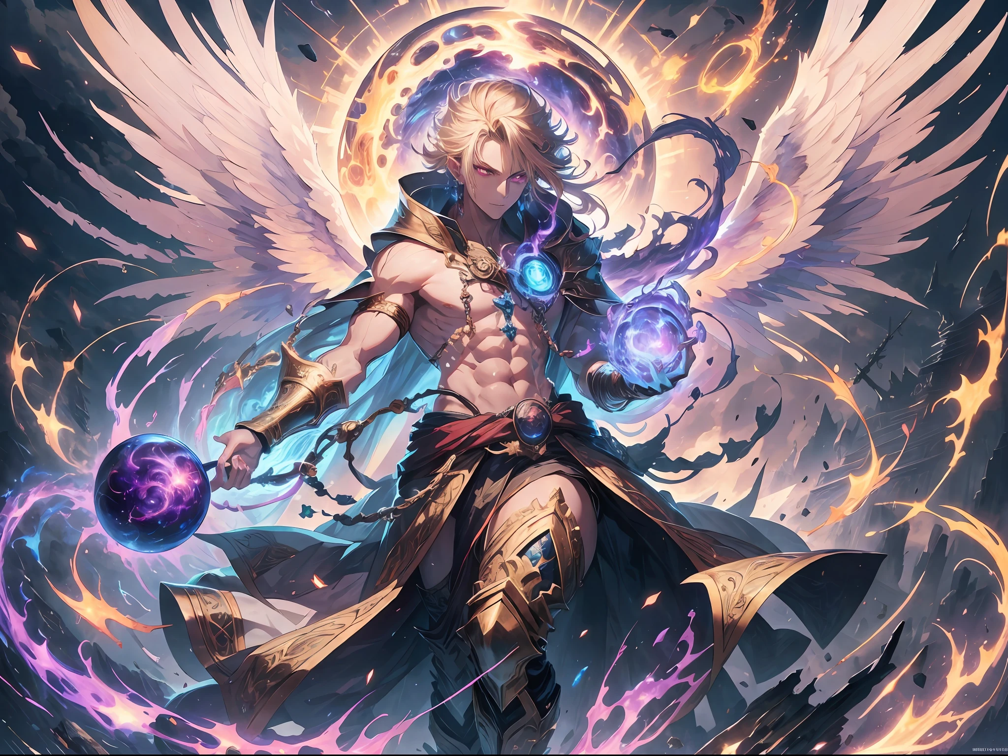 (absurd, high resolution, hyper-detailed, HDR), masterpiece, best quality, a boy in a white robe with a sickle, giant sickle, break, solo, long hair, blonde, red eyes, glowing eyes, fine eyes and detailed face, tall and muscular, bare chest muscles, earrings and accessories, six pairs of angel wings, archangel, full body, heavenly background, fantasy, celestial body, dramatic sky, glowing , blooming, swirl, spark, thunderbolt, magic vortex, ray, golden aura, battle stance, Behind the Dharma