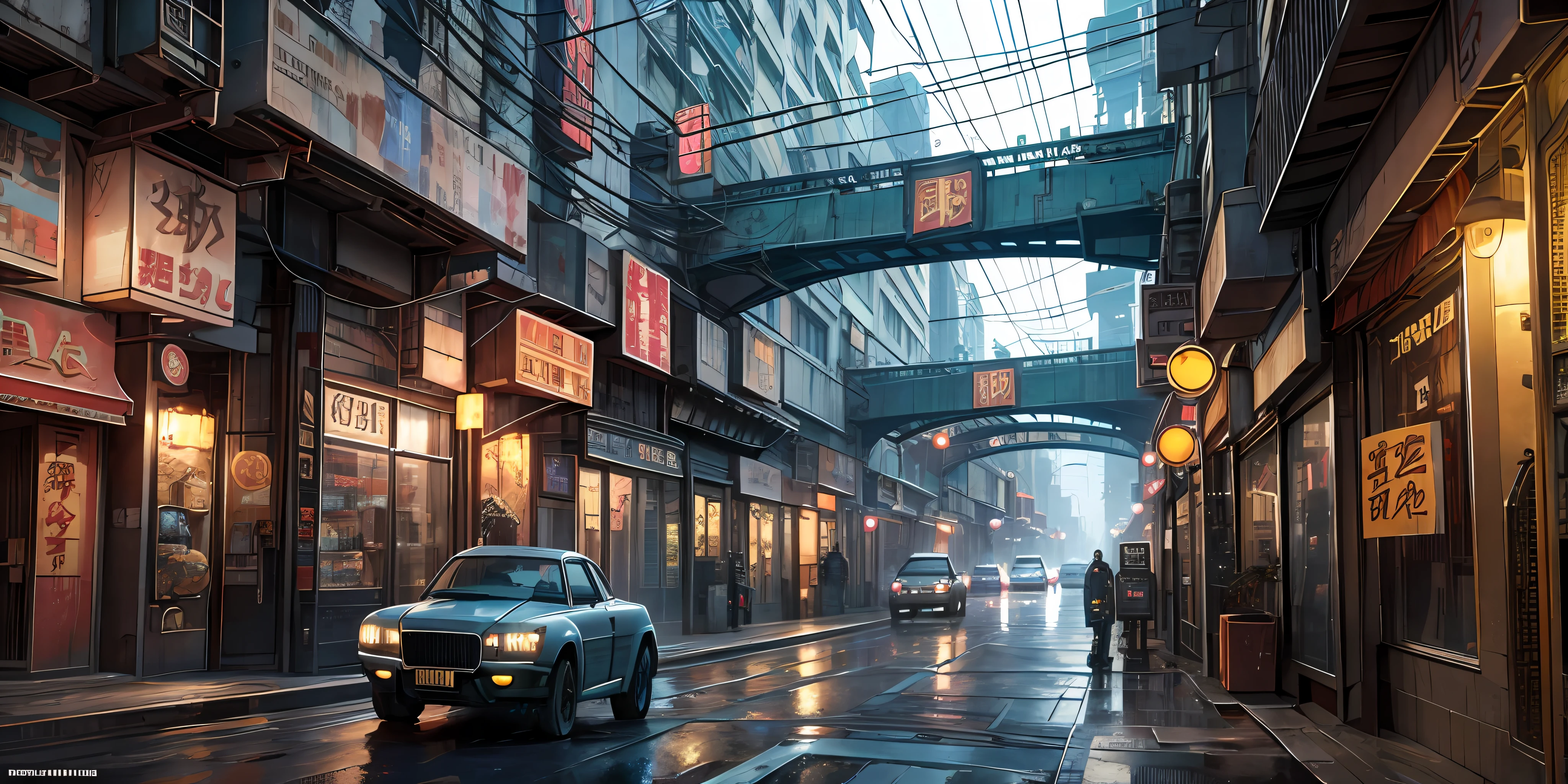 Cyberpunk city from sci-fi movie, wasteland, empty street, night, chinoiserie architecture, bridge, old shop, irregular, circuit board, wires, intricate, ultra detailed, realistic, hyper realistic, high quality, best , Super Detail, Crazy Detail, Very Detailed, Photorealistic, Epic Composition, Best Quality, 32k --v 6