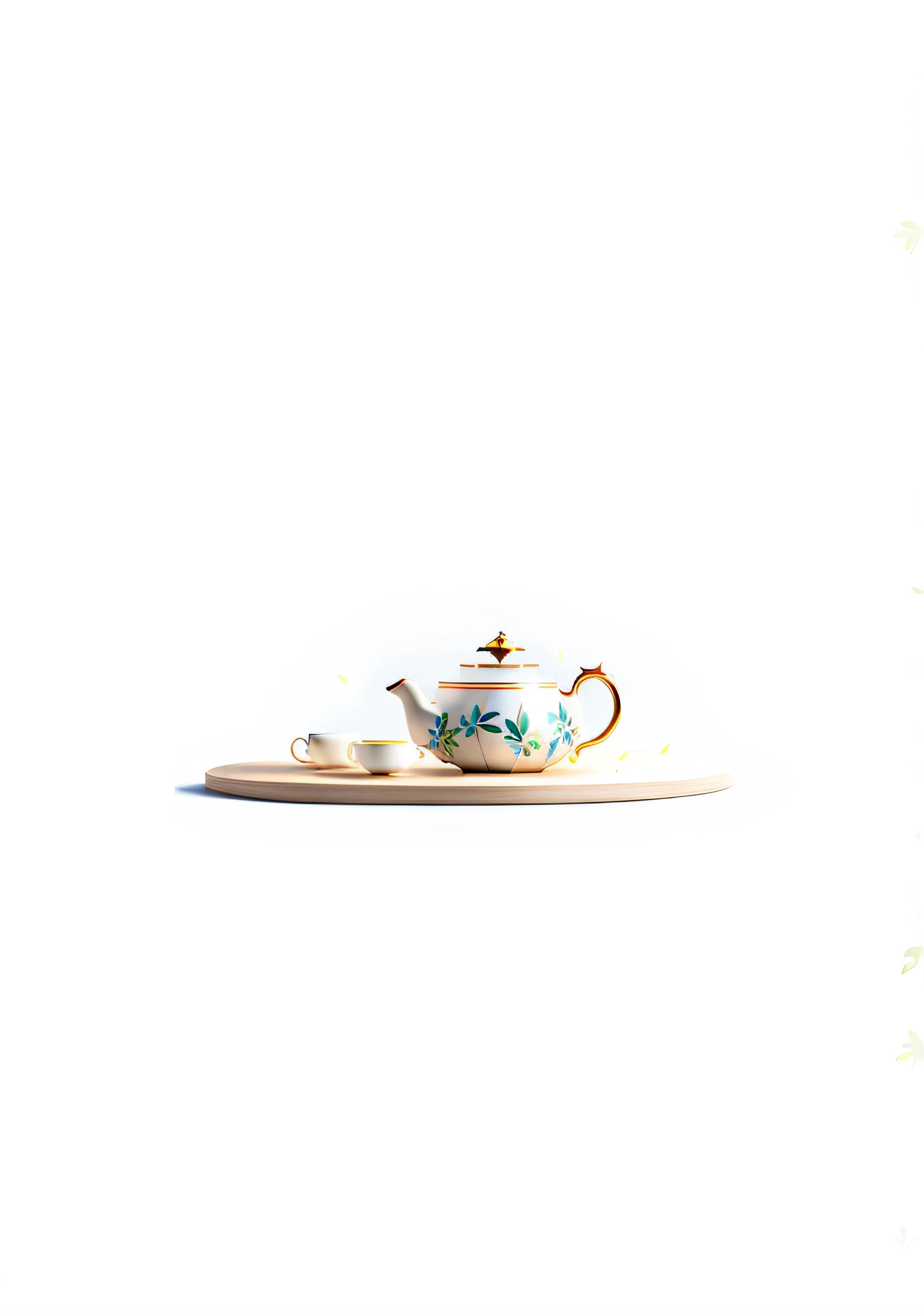 Tea set as theme, best quality, very detailed CG unity 8k wallpaper), (best quality), (ceramic tea set), (best shade), forest theme with natural elements. Tall trees, quiet streams, glowing small mushrooms, surrounded by delicate leaves and branches, and fireflies and glowing particle effects, (natural elements), (jungle theme), (leaves), (branches), (fireflies), butterflies, (delicate leaves), (glow), (particle effects). Isometric 3D, Octane rendering, ray tracing, super detailed
