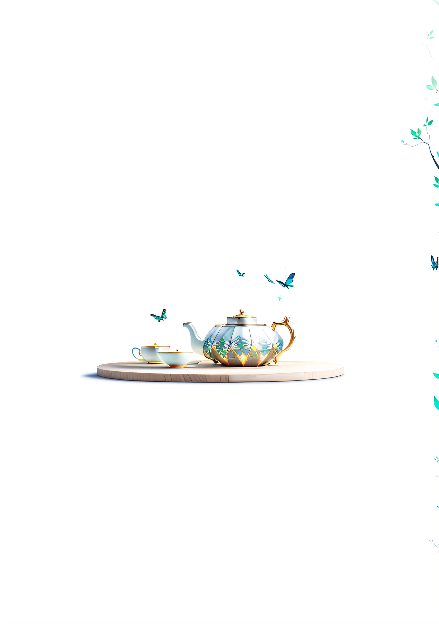 Tea set as theme, best quality, very detailed CG unity 8k wallpaper), (best quality), (ceramic tea set), (best shade), forest theme with natural elements. Tall trees, quiet streams, glowing small mushrooms, surrounded by delicate leaves and branches, and fireflies and glowing particle effects, (natural elements), (jungle theme), (leaves), (branches), (fireflies), butterflies, (delicate leaves), (glow), (particle effects). Isometric 3D, Octane rendering, ray tracing, super detailed