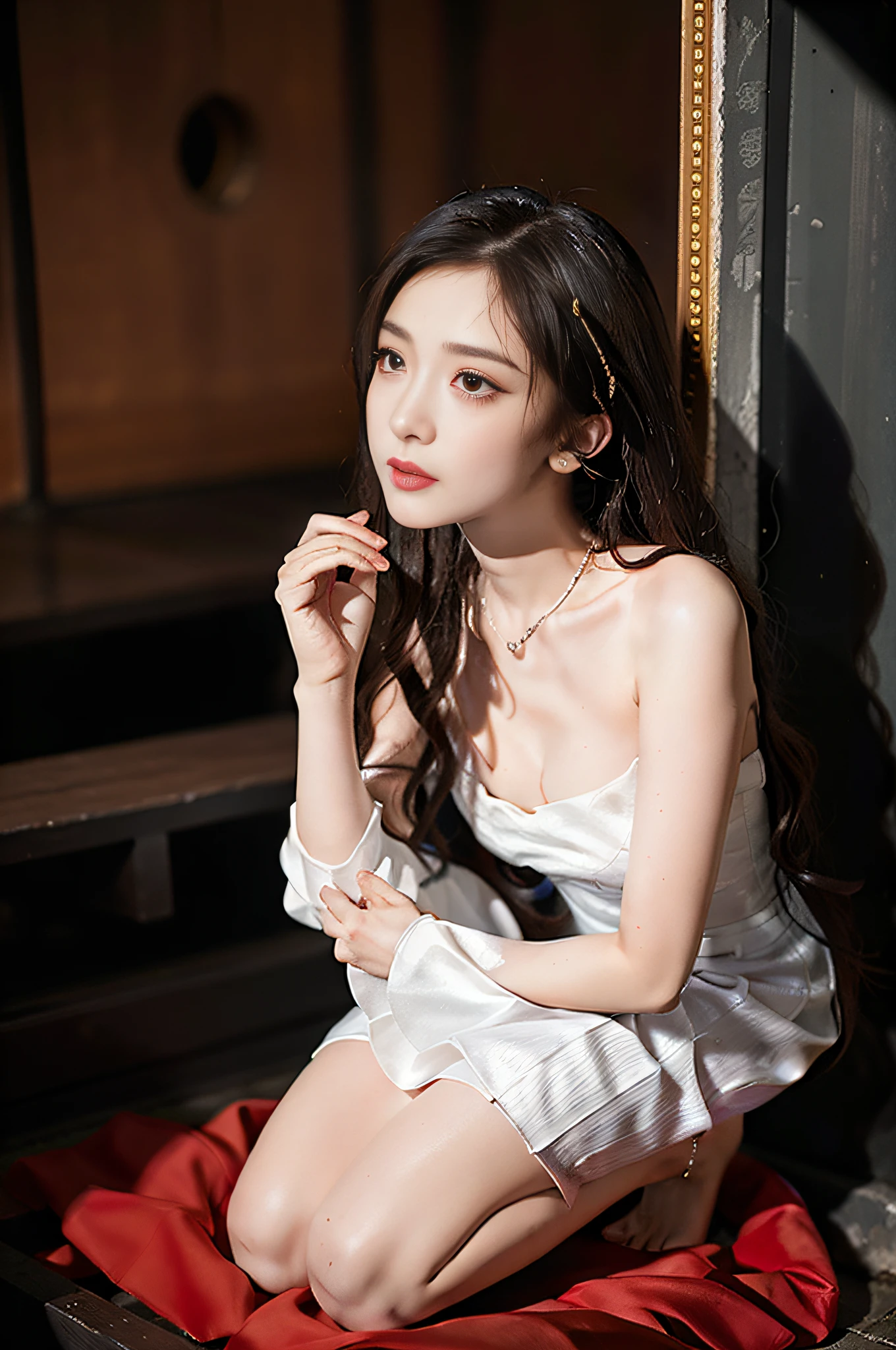 1girl, solo, brunette hair, , (blood volume: 1), , full body, (realism: 1.4), official art, unreal 8k wallpaper, super detailed, beautiful aesthetics, masterpiece, best quality, (dynamic angle: 1.4), , elegant, bright colors, romantic, sexy, transparent, see-through, chinese hanfu, bare breasts, (transparent skirt), barefoot, (wet), (see-through), (chains), collar, temptation, (crowd onlookers), (slave market), slave auction, slave trade, kneeling, humiliation, (beauty imprisoned in tiny dog cages) (crowd visit) live trading