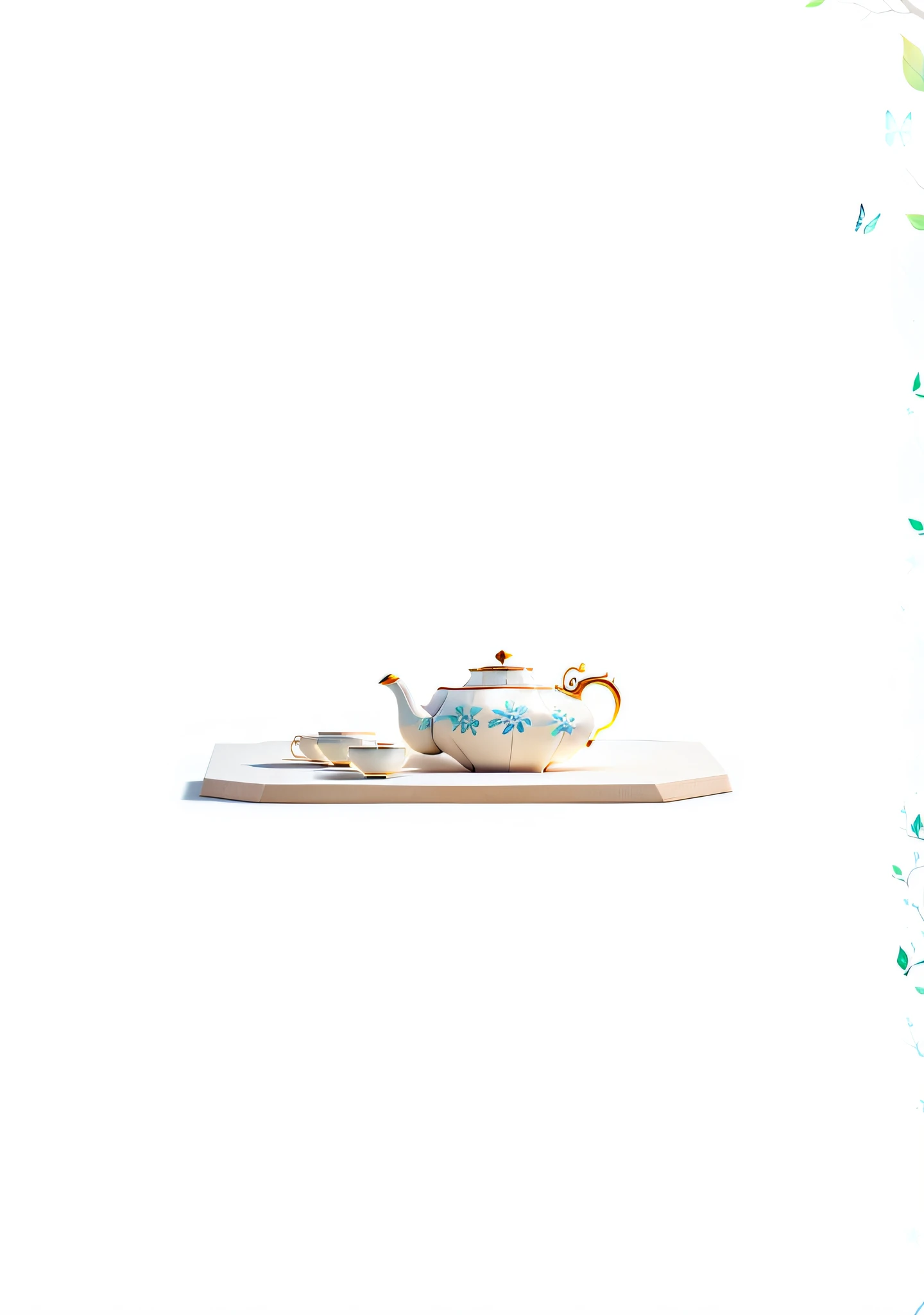 Tea set as theme, best quality, very detailed CG unity 8k wallpaper), (best quality), (ceramic tea set), (best shade), forest theme with natural elements. Tall trees, quiet streams, glowing small mushrooms, surrounded by delicate leaves and branches, and fireflies and glowing particle effects, (natural elements), (jungle theme), (leaves), (branches), (fireflies), butterflies, (delicate leaves), (glow), (particle effects). Isometric 3D, Octane rendering, ray tracing, super detailed
