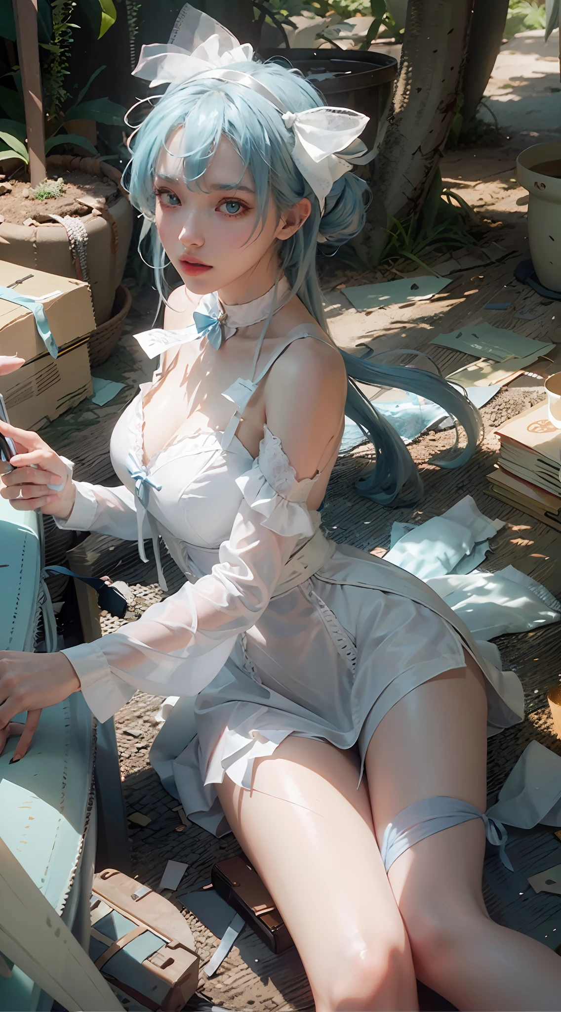 ((Best Quality)), ((Masterpiece)), (Details: 1.4), 3D, A Beautiful Beauty, (Long Light Blue Hair, Ribbon: 1.9), (Plain White Long Dress: 1.7), (Crystal High Heels: 1.6) (Green Eyes: 1.5), HDR (High Dynamic Range), Ray Tracing, NVIDIA RTX, Super-Resolution, Unreal 5, Subsurface Scattering, PBR Textures, Post-processing, Anisotropic filtering, depth of field, maximum sharpness and sharpness, multi-layer textures, albedo and specular mapping, surface shading, accurate simulation of light-material interactions, perfect proportions, Octane Render, bicolor light, large aperture, low ISO, white balance, rule of thirds, 8K RAW,
