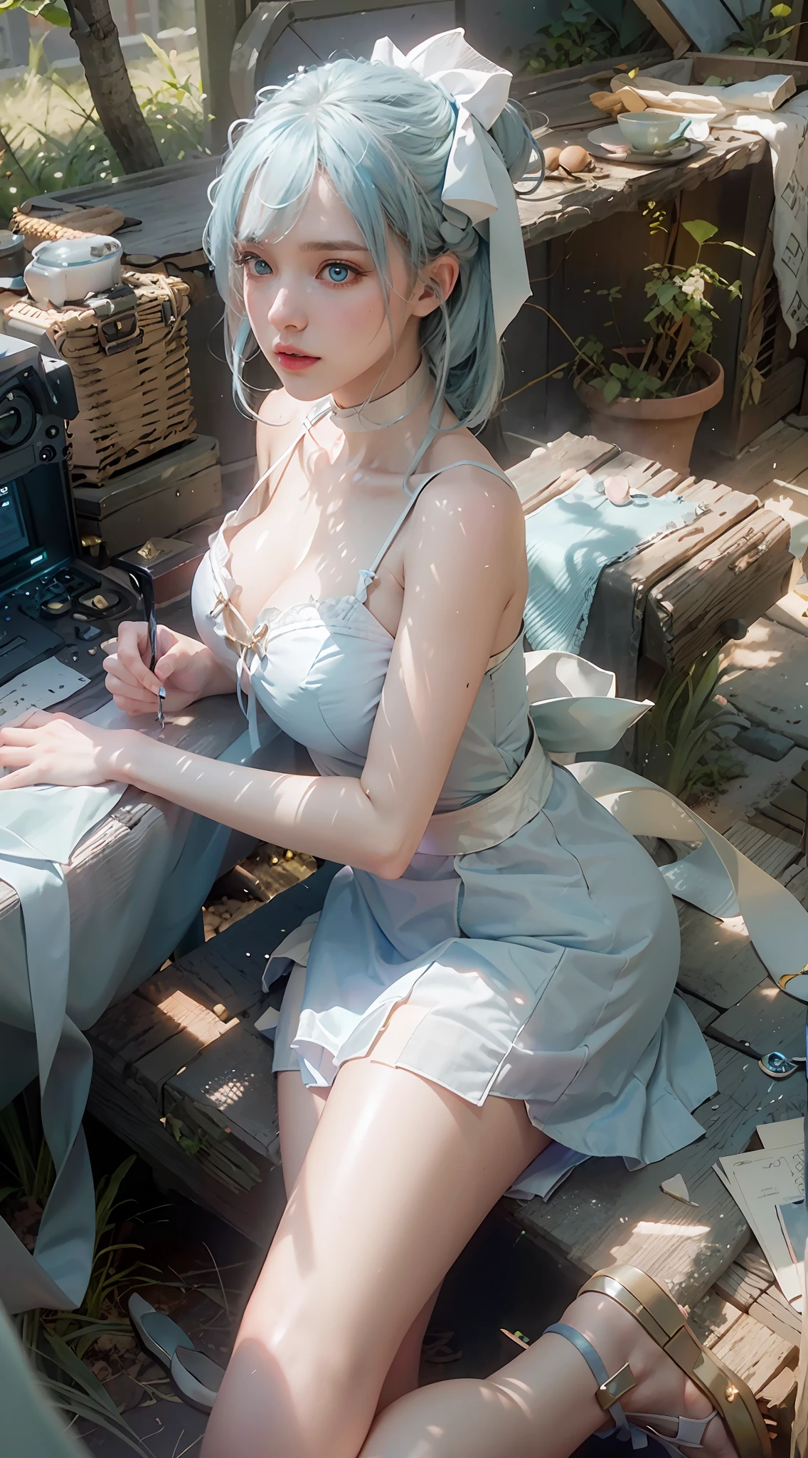 ((Best Quality)), ((Masterpiece)), (Details: 1.4), 3D, A Beautiful Beauty, (Long Light Blue Hair, Ribbon: 1.9), (Plain White Long Dress: 1.7), (Crystal High Heels: 1.6) (Green Eyes: 1.5), HDR (High Dynamic Range), Ray Tracing, NVIDIA RTX, Super-Resolution, Unreal 5, Subsurface Scattering, PBR Textures, Post-processing, Anisotropic filtering, depth of field, maximum sharpness and sharpness, multi-layer textures, albedo and specular mapping, surface shading, accurate simulation of light-material interactions, perfect proportions, Octane Render, bicolor light, large aperture, low ISO, white balance, rule of thirds, 8K RAW,