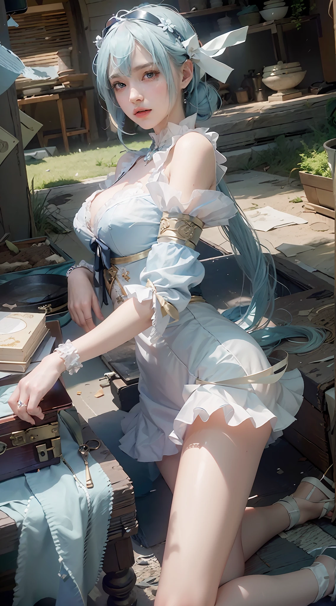 ((Best Quality)), ((Masterpiece)), (Details: 1.4), 3D, A Beautiful Beauty, (Long Light Blue Hair, Ribbon: 1.9), (Plain White Long Dress: 1.7), (Crystal High Heels: 1.6) (Green Eyes: 1.5), HDR (High Dynamic Range), Ray Tracing, NVIDIA RTX, Super-Resolution, Unreal 5, Subsurface Scattering, PBR Textures, Post-processing, Anisotropic filtering, depth of field, maximum sharpness and sharpness, multi-layer textures, albedo and specular mapping, surface shading, accurate simulation of light-material interactions, perfect proportions, Octane Render, bicolor light, large aperture, low ISO, white balance, rule of thirds, 8K RAW,