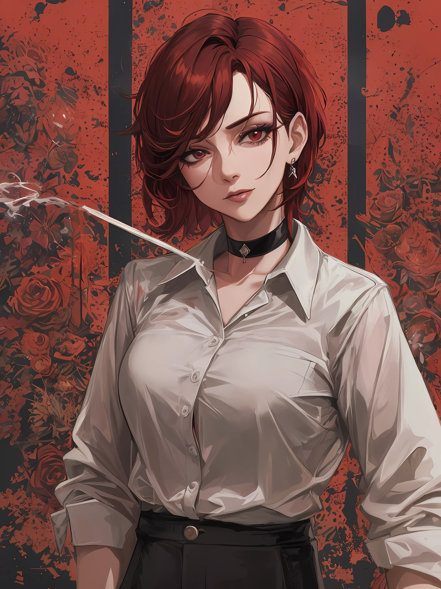 "(cartoon, painting style) portraying a mature woman wearing a masculine white button up and black formal pants, fancy earrings, choker short wavy red hair in a cowboy shot, succulent defined lips, defined neck, standing with a head tilt, holding a cigarette in her mouth, dark red background, accentuating the heavy makeup - resulting in a masterpiece of the best possible quality."