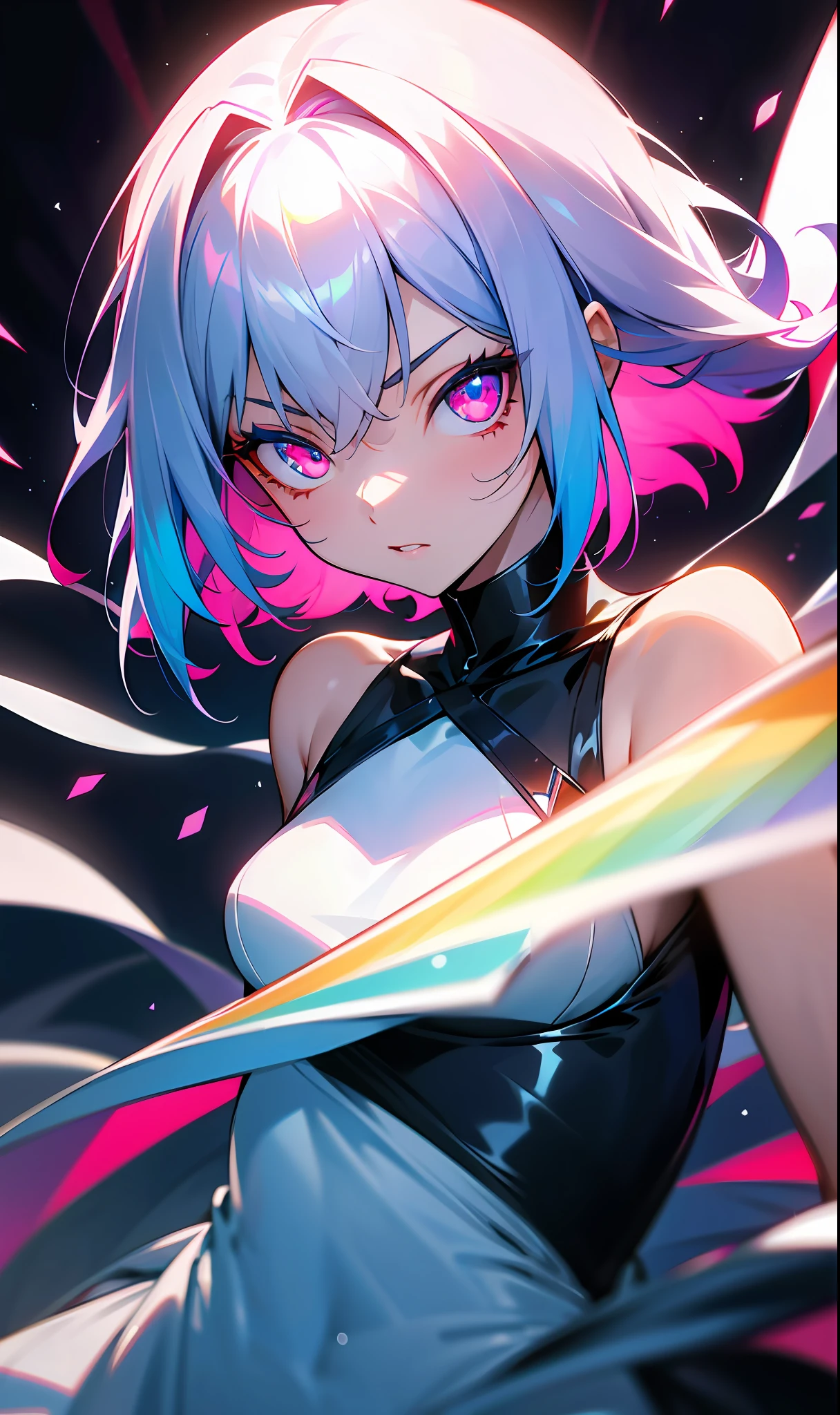 (Fine, sharp images, super resolution, extremely amazing detail, awesome detail), subsurface scattering, masterpiece, best quality, high quality, 1girl, solo, upper body, prism eyes, prism hair, prism, serious, [silver|white] + (blue: -0.3) hair, blue + red eyes, gradient eyes, multicolored eyes, calm, small breasts, evening dress, gloves with optimal proportions of four fingers and one thumb, glowing eyes, glowing eyes, glowing white particles, glitter, bloom, fantasycave
