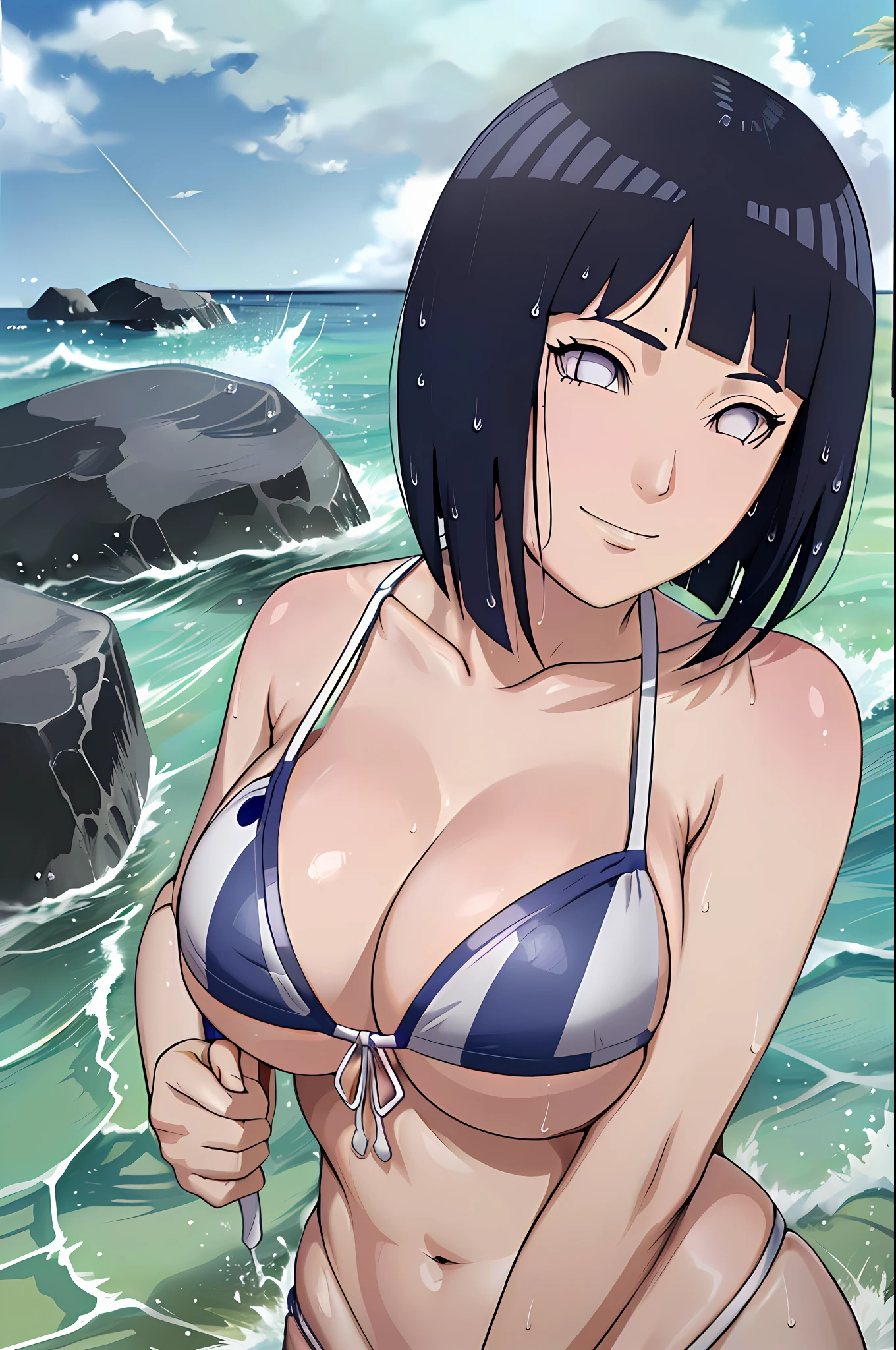 (masterpiece, anime style:1.9, beach, sea, soaked, soaked face, white micro bikini, working out, caring, talking), hinata\(boruto\), mature female, standing, victory, milf, (curvy:0.8), solo, short hair, hime cut, (dark blue hair color:1.1), white, big breasts, flat belly, perfect eyes, anime eyes, smoky eyeliner, eyeshadow, perfect face, shy, sharp focus, professional artwork, intricate details, colorful, vibrant colors, vivid colors, digital blending, ultra detailed body, ultra detail hair, ultra detail face, trending on pixiv, kind smile, happy, very hot colors, sunrays, leaning forward, naughty face, looking up