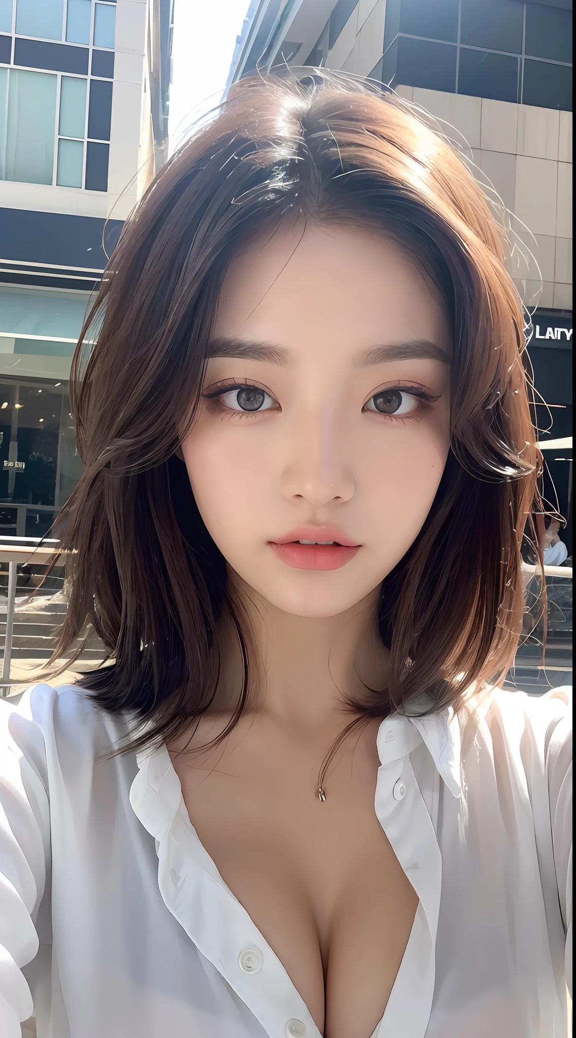 ((Best Quality, 8K, Masterpiece: 1.3)), Sharp: 1.2, Perfect Body Beauty: 1.4, Slim Abs: 1.2, ((Layered Hairstyle, Big Breasts: 1.2)), (Wet White Button Long Shirt: 1.1), (Rain, Street: 1.2), Wet: 1.5, Highly Detailed Face and Skin Texture, Detailed Eyes, Double Eyelids, Looking at the Camera