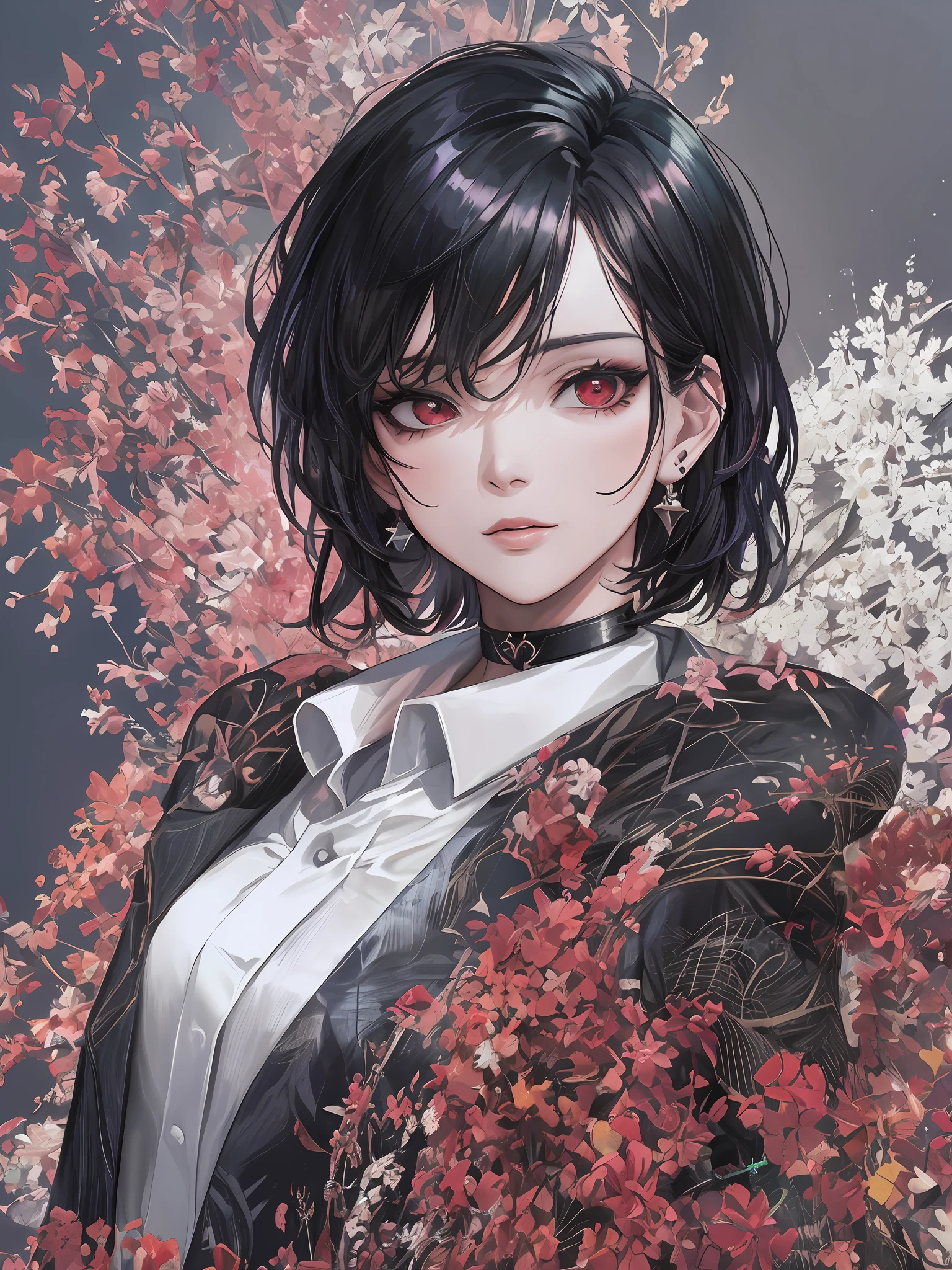 "(cartoon, painting style) portraying a mature woman wearing a masculine white button up and black formal pants, fancy earrings, choker short wavy black hair with red highlights in a portrait, close-up, succulent defined lips, defined neck, standing with a head tilt, looking at the viewer,  blank dark red background, accentuating the heavy makeup - resulting in a masterpiece of the best possible quality."