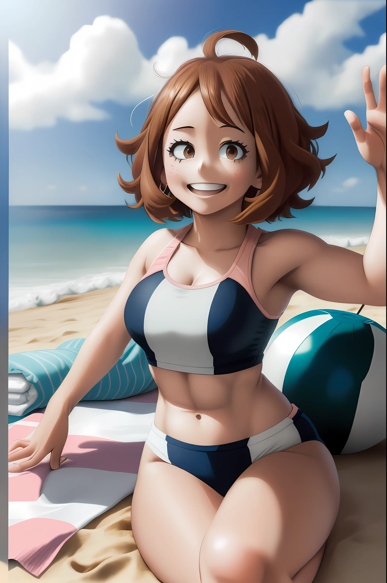 [ochako uraraka; Boku no hero academia], ((solo portrait)), ((raw photo)), ((High definition)), ((anime)), ((Kohei Horikoshi)), ((raytracing)), ((detailed shading)), {ochako; (blushy cheeks, big round brown eyes, short brown hair, short eyelashes, large boobs, curvaceous hips), (pink 2-piece bathing suit), (excited smile; mouth open), (athletic body; defined abs)}, ((sittng on beach towel; looking at viewer), waving), [Background; (outside daytime; beautiful ocean, detailed sand)]