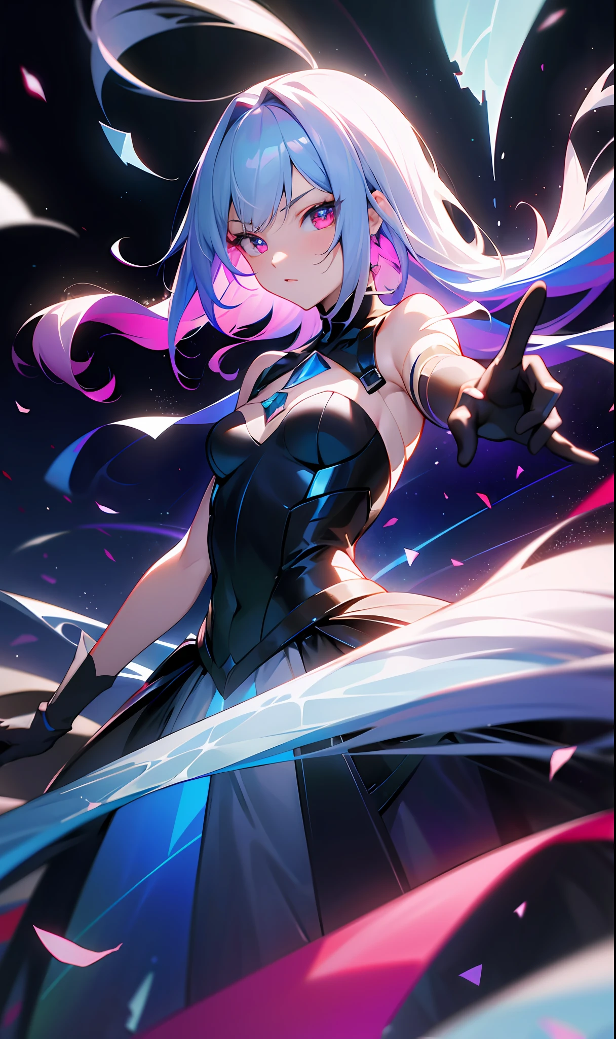 (Fine, sharp images, super resolution, extremely amazing detail, awesome detail), subsurface scattering, masterpiece, best quality, high quality, 1girl, solo, upper body, prism eyes, prism hair, prism, serious, [silver|white] + (blue: -0.3) hair, blue + red eyes, gradient eyes, multicolored eyes, calm, small breasts, evening dress, gloves with optimal proportions of four fingers and one thumb, glowing eyes, glowing eyes, glowing white particles, glitter, bloom, fantasycave