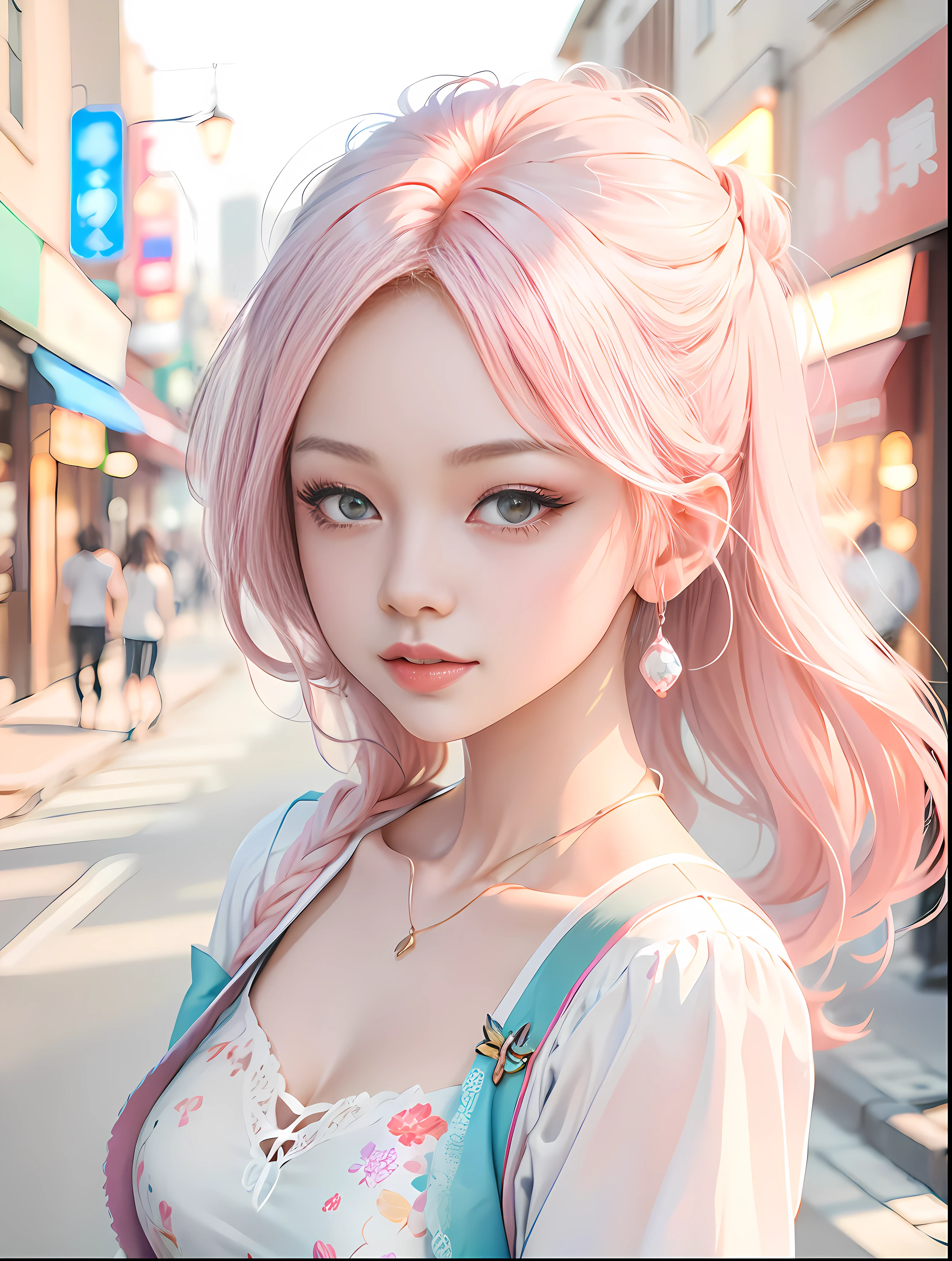 (1girl:1.2),countless commercial streets decorated with neon lights,浅粉色长发，眼部细节刻画精细，大眼睛，best quality,masterpiece,ultra-fine detailed,high detailed,hyper quality,8K smooth,hopeful，beautiful lighting,soft Light,Close-Up(CU),Manga style,