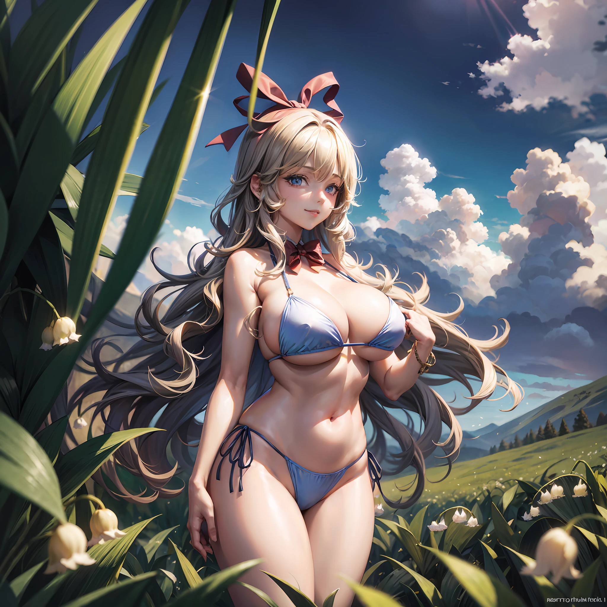 2girls, huge breasts, cleavage, plump, huge ass, thick thighs, Best quality, masterpiece, ultra high res, (photorealistic:1.4), raw photo, Medicine Melancholy, bikini, huge breasts, wide hips, thick thighs, blonde hair, short hair, wavy hair, silver-blue eyes, seductive smile, looking at viewer, voluptuos, red bow, hair bow, (bikini only:1), flower field, clouds, blue sky, ((lily-of-the-valley, meadow)), Nameless hill, outside, sunlight, cumulus clouds, mature female, su-san, wings, small girl,