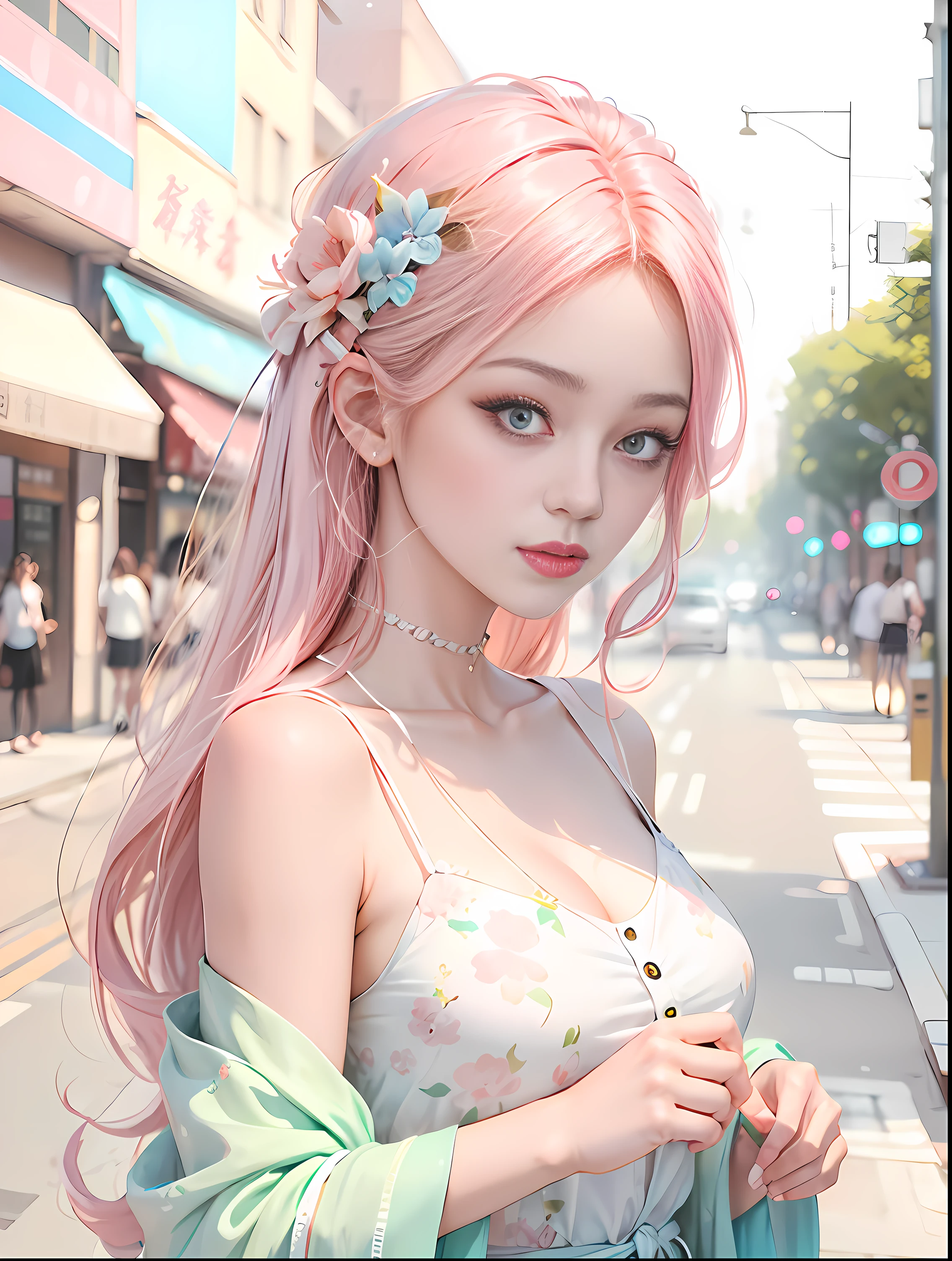 (1girl:1.2),countless commercial streets decorated with neon lights,浅粉色长发,眼部细节刻画精细,大眼睛,best quality,masterpiece,ultra-fine detailed,high detailed,hyper quality,8K smooth,hopeful,beautiful lighting,soft Light,Close-Up(CU),Manga style,